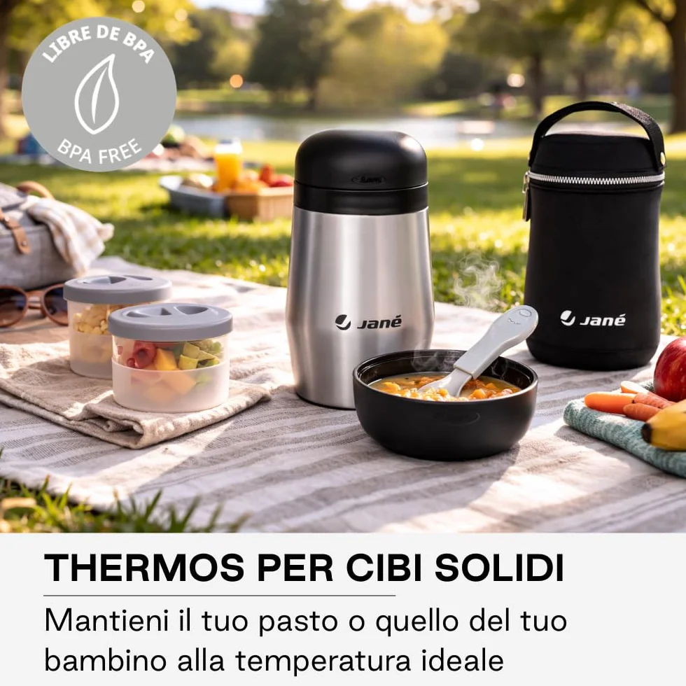 Jané Thermos 1L 2 Contenitori Ermetici Mantiene Caldo e Freddo 8h Borsa Termica Grigio