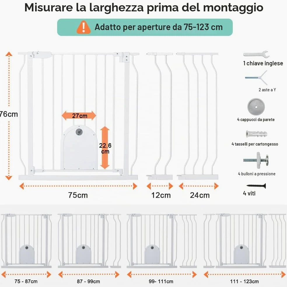 COMOMY Cancelletto per Bambini con Porta per Gatti Regolabile, Cancelletto per Gatti In Extra Largo da 75 a 123cm, Cancelletto per Cani a Chiusura Automatica con Porta per Animali (Alto 76cm, Bianco)
