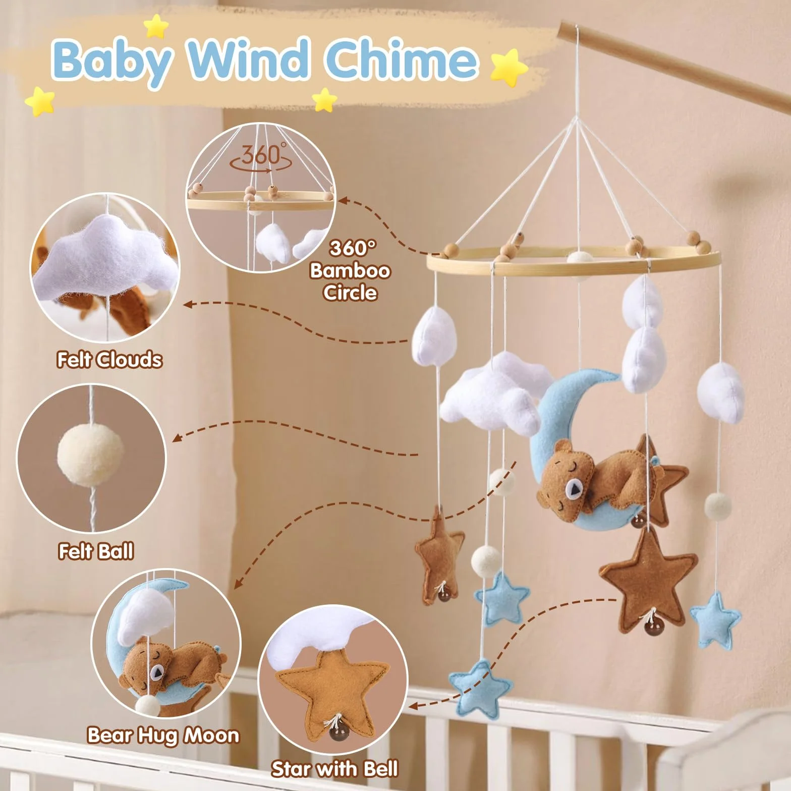 Baby Campanelli Eolici Mobile in Feltro Giostrina Culla Neonato Legno Orso Nuvole Luna Stelle Campane Decorazione Regali Neonati