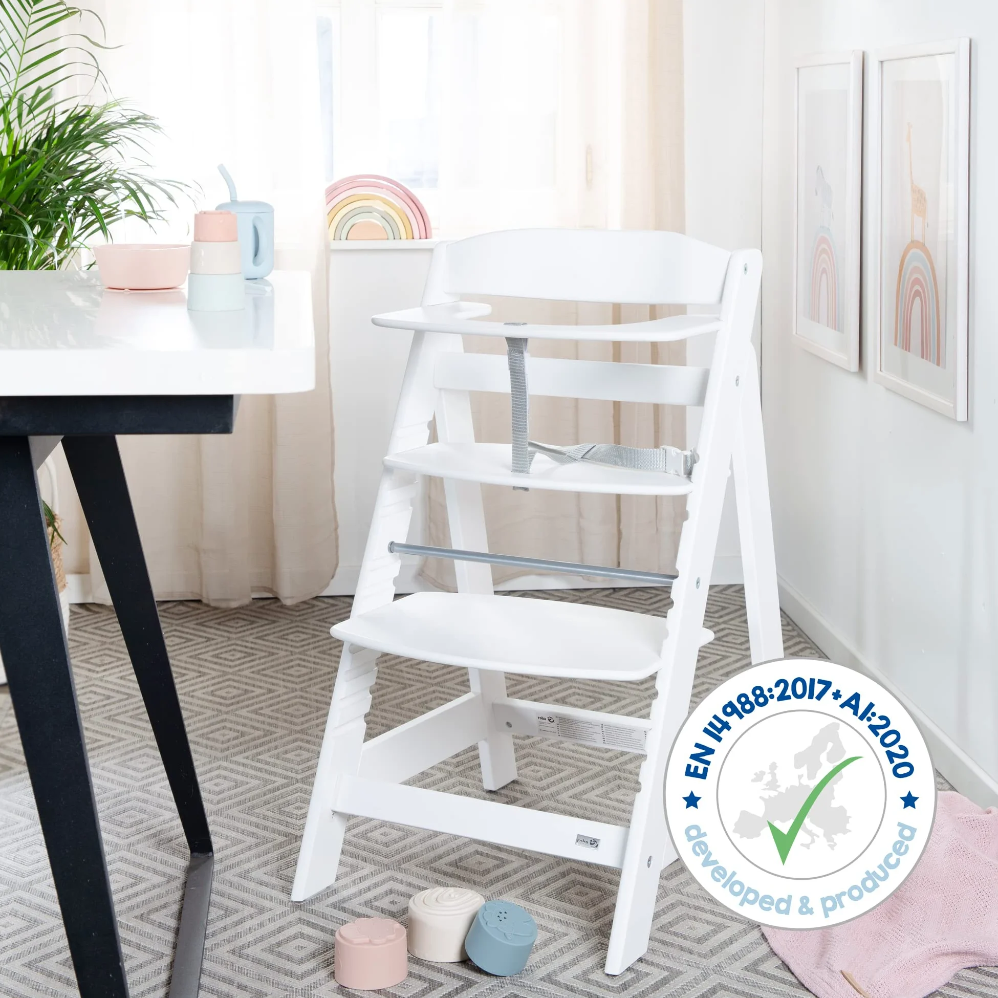 roba Seggiolone Evolutivo Sit Up Flex 2 in 1, Altezza Regolabile, dai 6 Mesi fino ai 70 kg, con Poggiapiedi, Robusto ed Ergonomico, Legno Laccato Bianco
