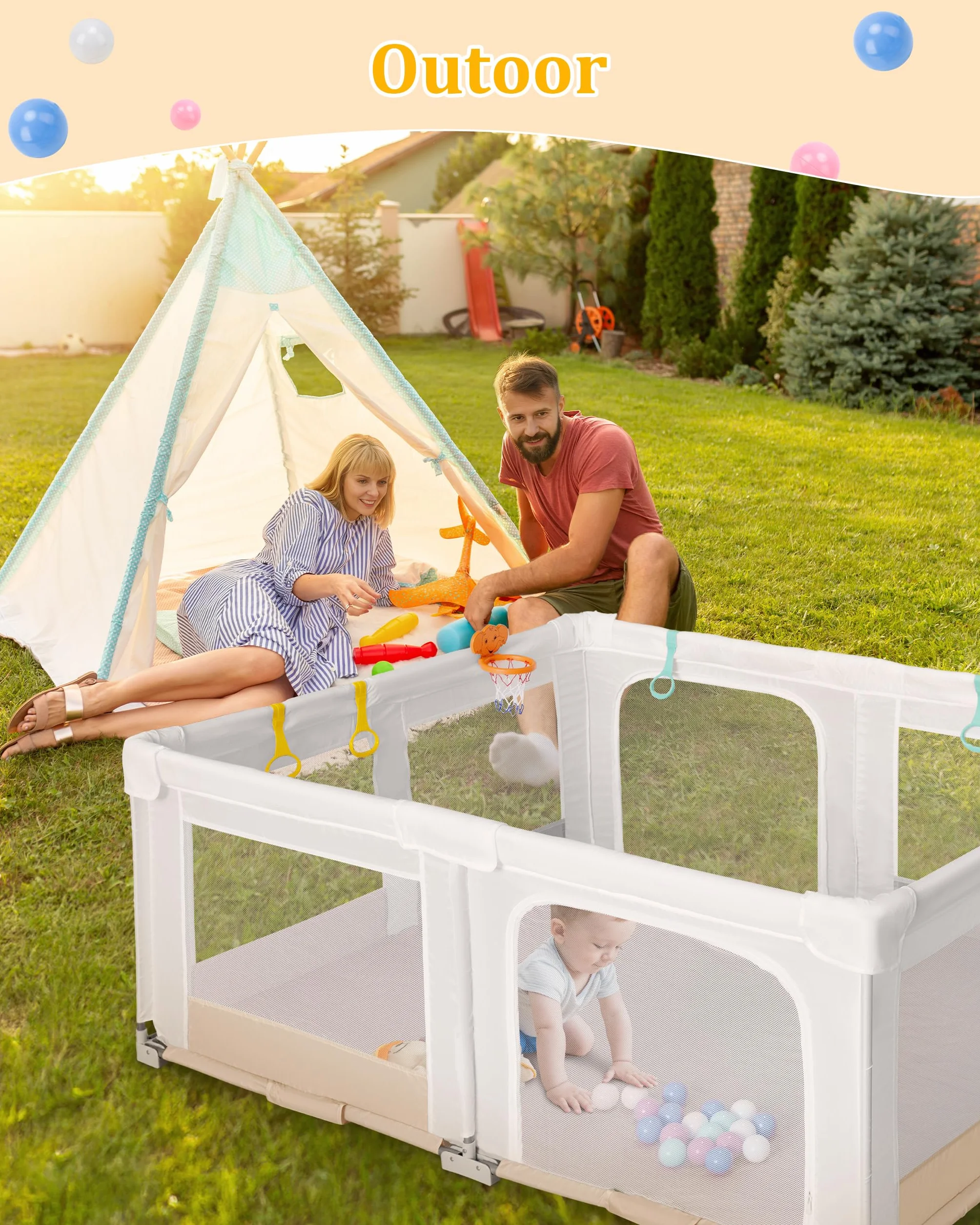 Box per Bambini Grande e Pieghevole: 180x150x75cm Box per Bambino da Interno ed Esterno Con 20 Palline Oceaniche,1 Canestro da Basket,4 Maniglie e 1 Borsa da Viaggio - Area Giochi Ideale per i Bambini