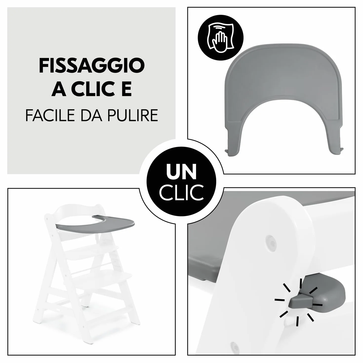 Hauck Alpha Click Tray Tacna Bambini Materiale Riciclato GRS Grigio per Seggiolone Legno Alpha+ Beta+