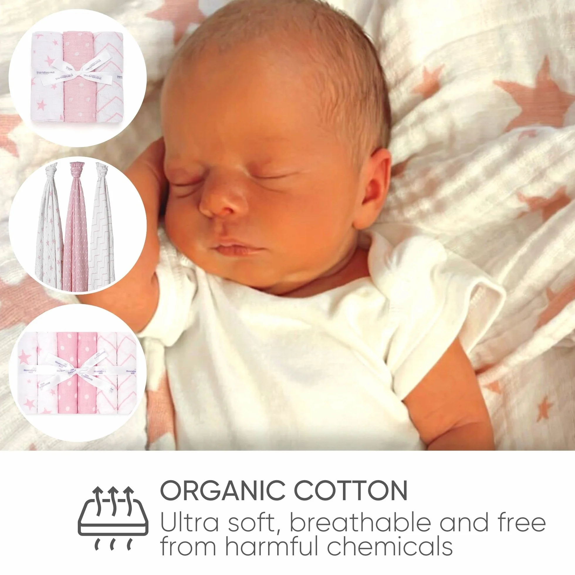 Bloomsbury Mill Confezione da 3 fasce in mussola 100% puro cotone biologico 120cm x 120cm rosa e bianco