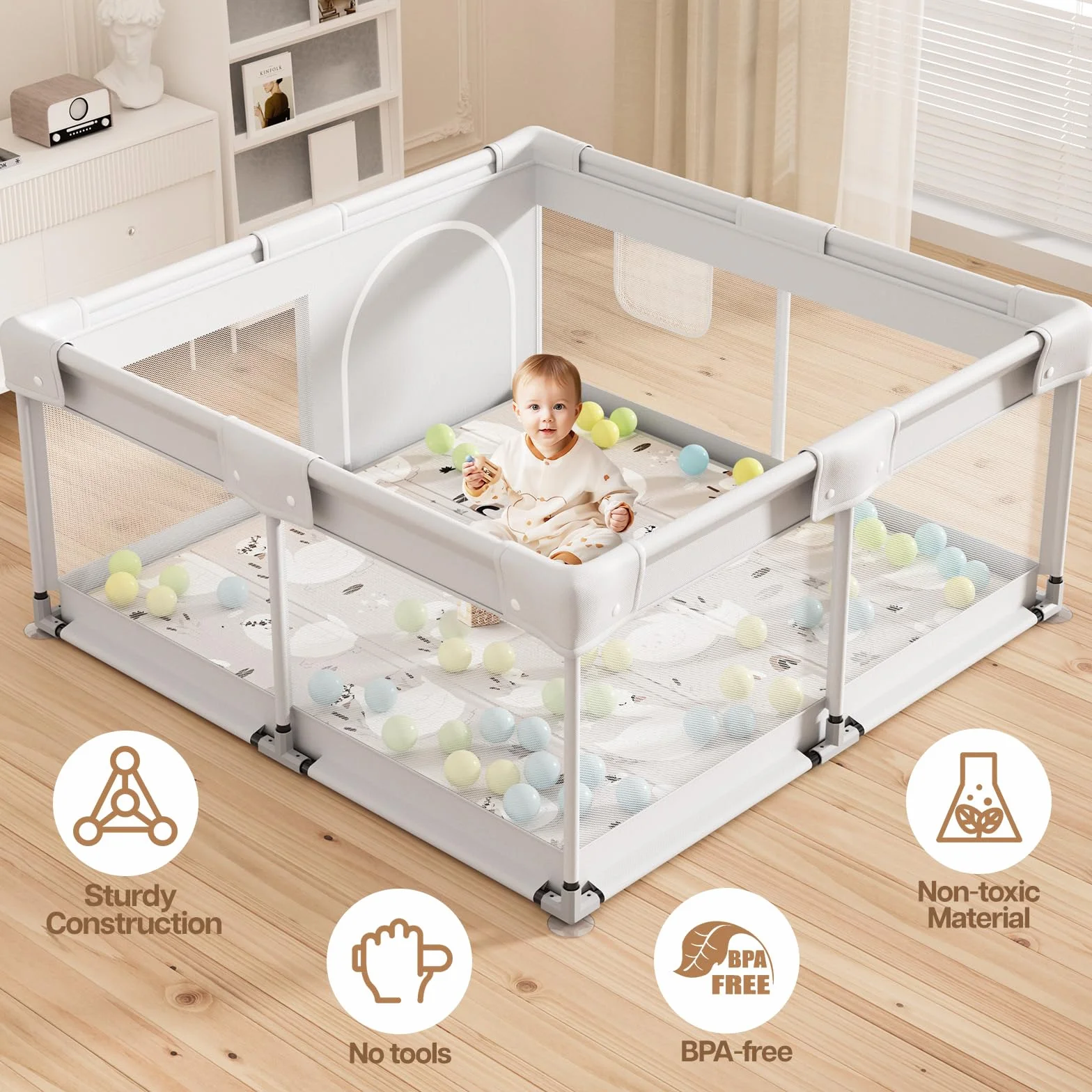 Box per bambini con materasso, 120 x 120 cm, piccolo box con tappetino, box per appartamenti, box con rete traspirante su quattro lati e ventose