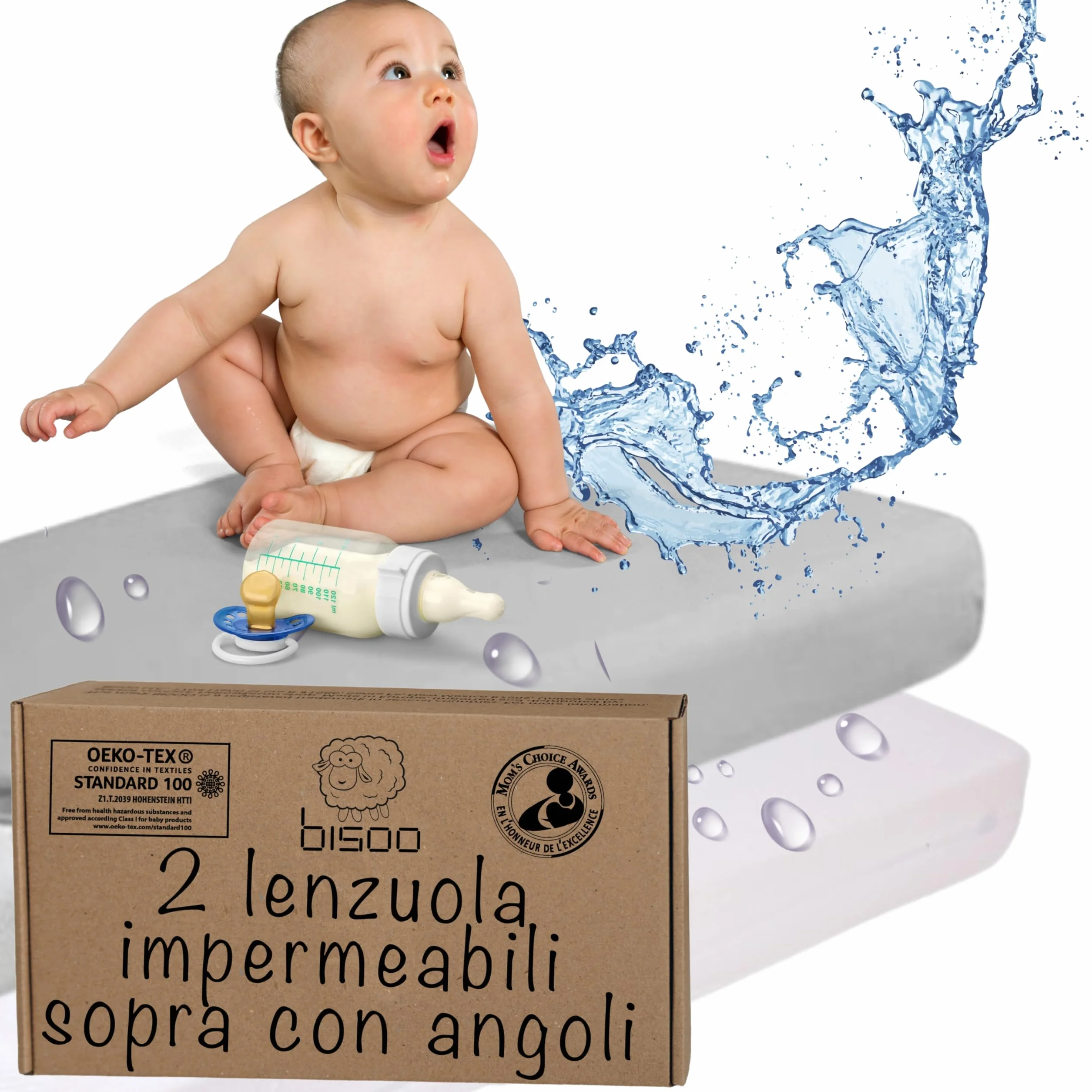 Bisoo Lenzuola Carrozzina Neonato Impermeabili 40x80 / 37x80 - Lenzuolo Impermeabile Coprimaterasso con Angoli 100% Jersey OEKO-TEX - Set Lenzuola Navicella - 1 Lenzuolino Bianco e 1 Grigio 80x40 cm
