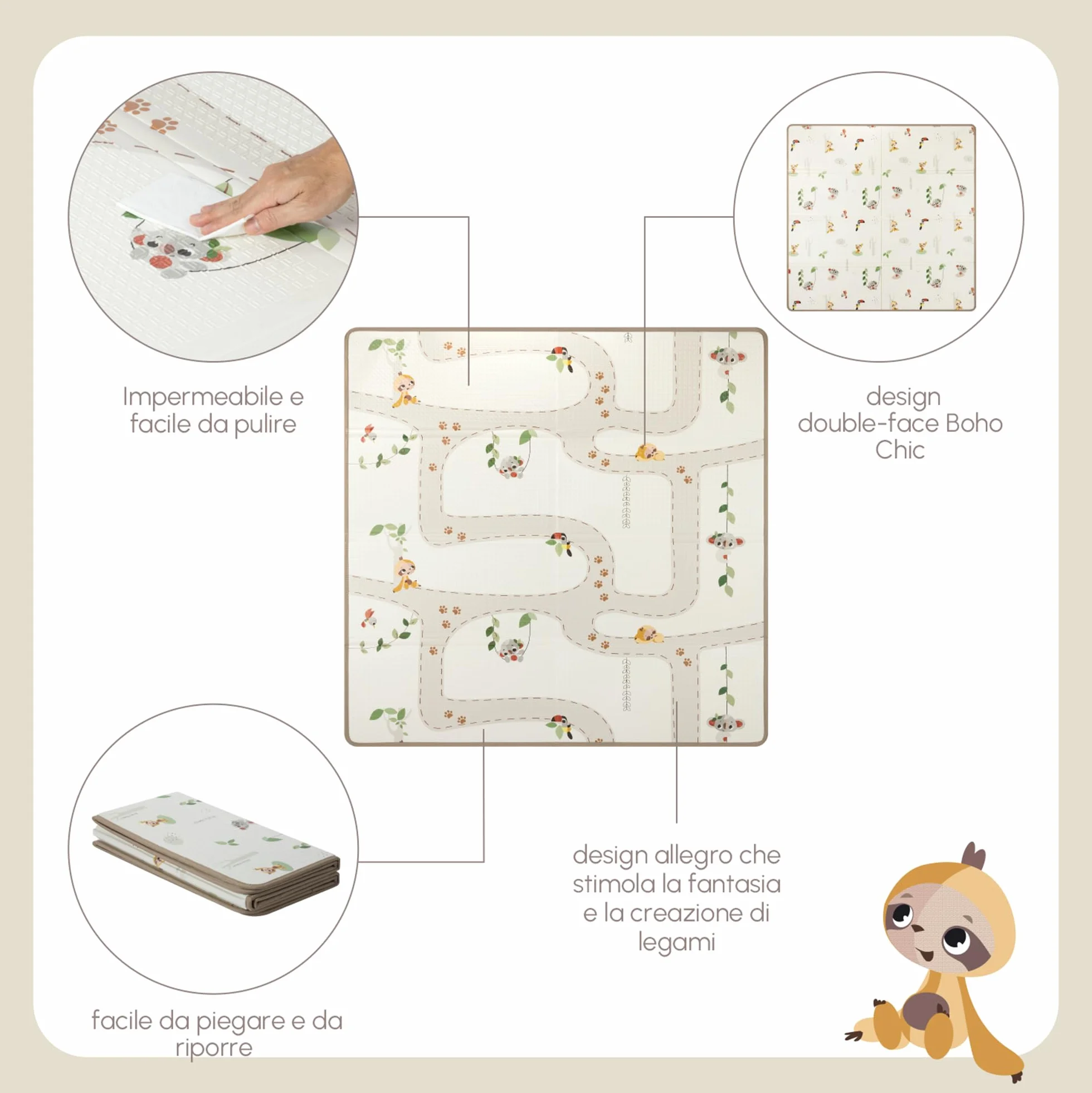 Tiny Love Tappeto Pieghevole Gioco Bambini XL in Schiuma, Tappetino Neonato, 0+ Mesi, Double-face, Leggero e Pieghevole, 150 x 150cm, Morbido e Spesso (1 cm), Impermeabile, Facile da Pulire, Boho Chic