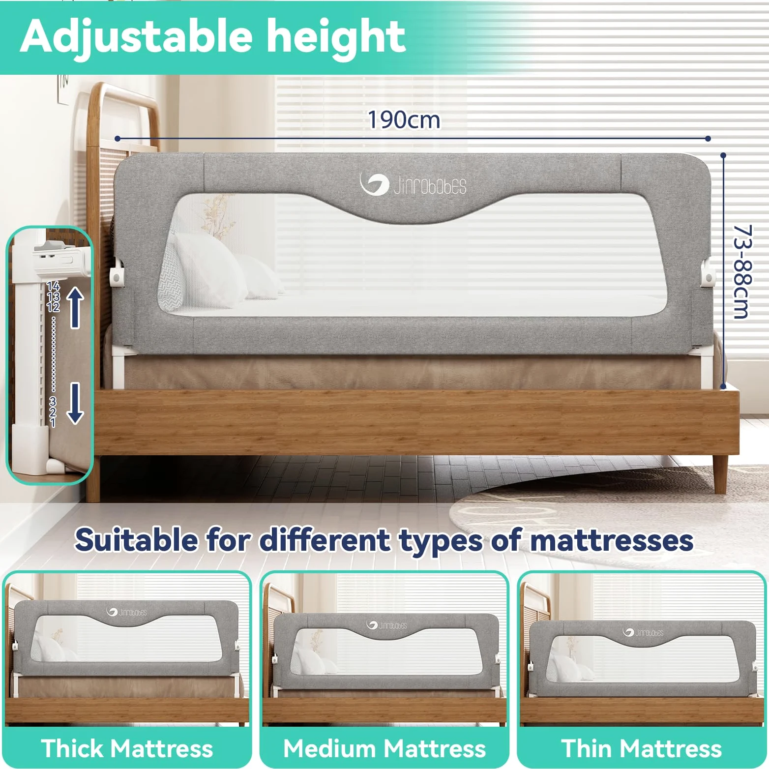Protezione per letto per letto king size, altezza regolabile e sponda pieghevole per bambini (190 cm)