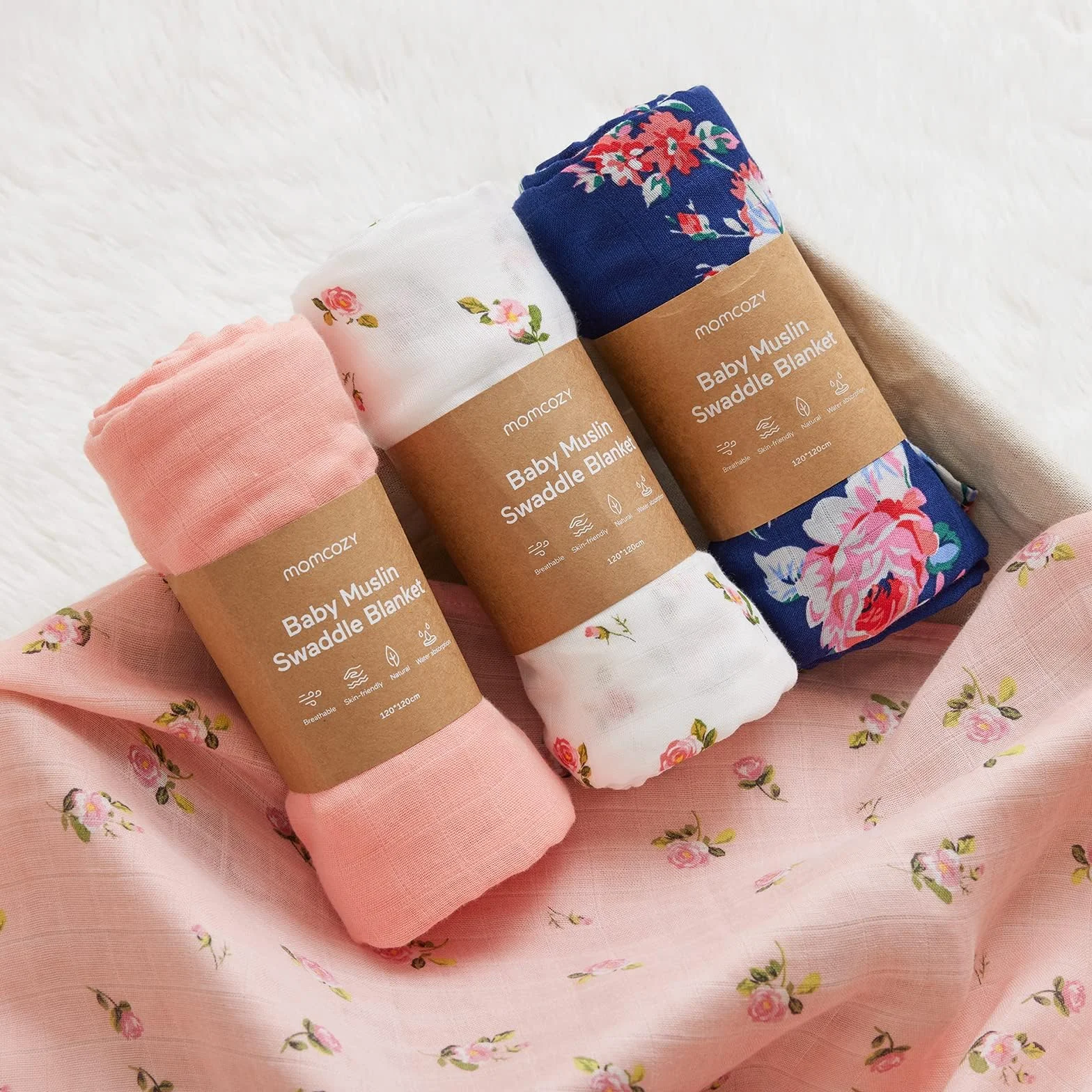 Momcozy Copertina Neonato Mussola 120x120 4 Pezzi Cotone Bambù Morbida Floreale