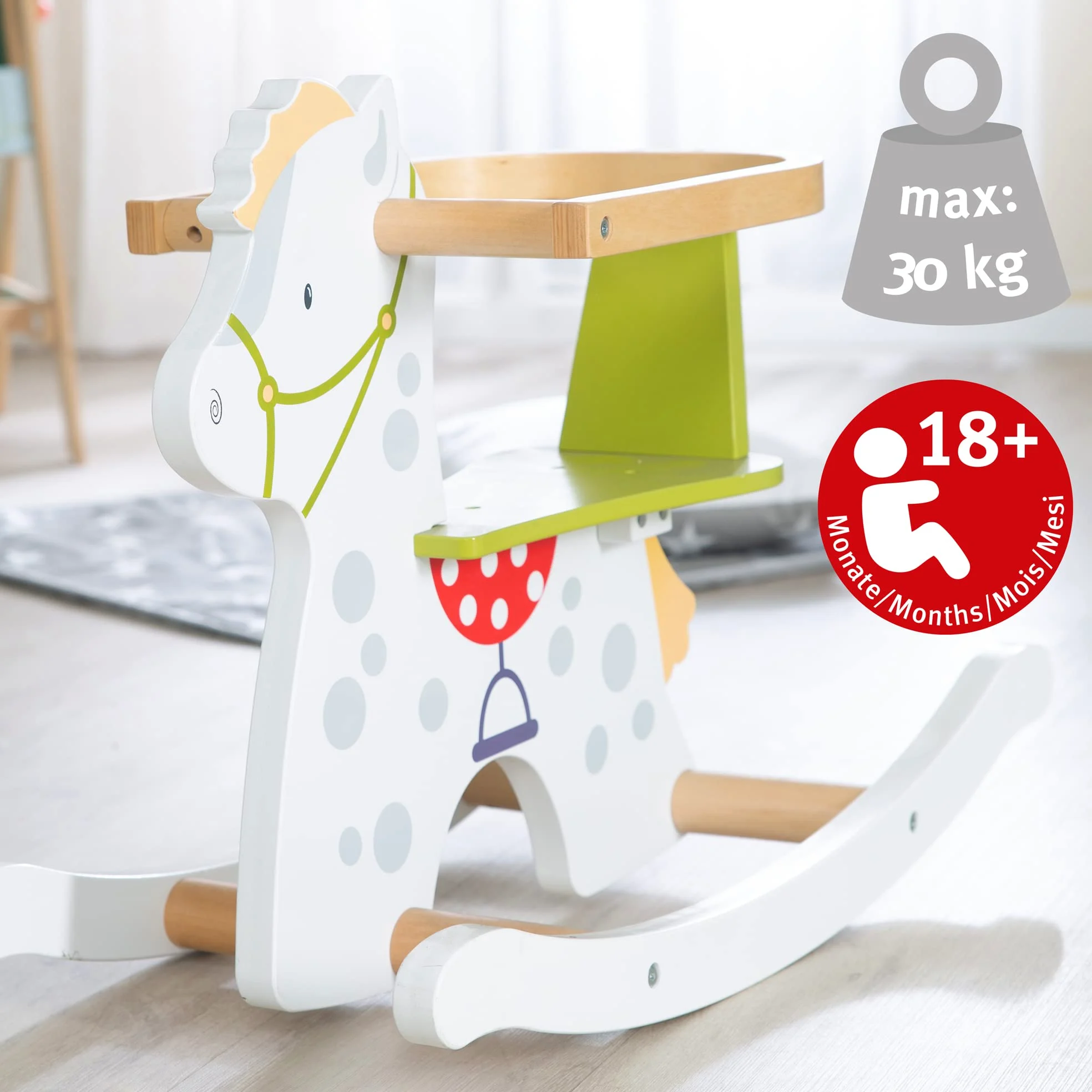 roba Cavallo a Dondolo Kleiner Racker - Anello di Protezione Rimovibile - per Bambini da 12 Mesi in Su - Ideale come Regalo di Compleanno e Natale - Legno Laccato Bianco
