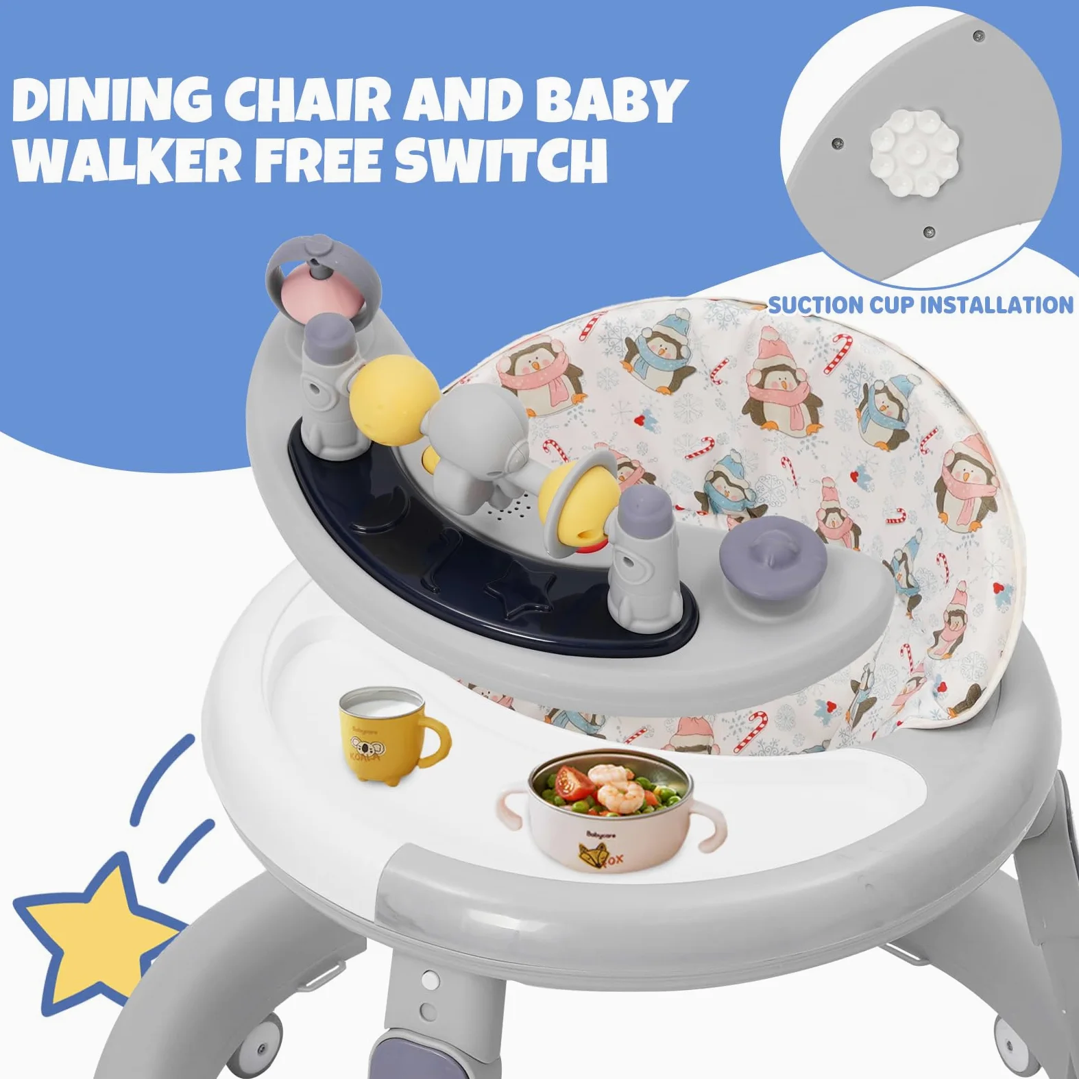 Girello per Bambini 3 in 1,Carrellino Primi Passi,Girello Pieghevole con Vassoio/Centro Giochi,Primi Passi per Bambini 6-18 Mesi,Ruote Silenziose a 360°