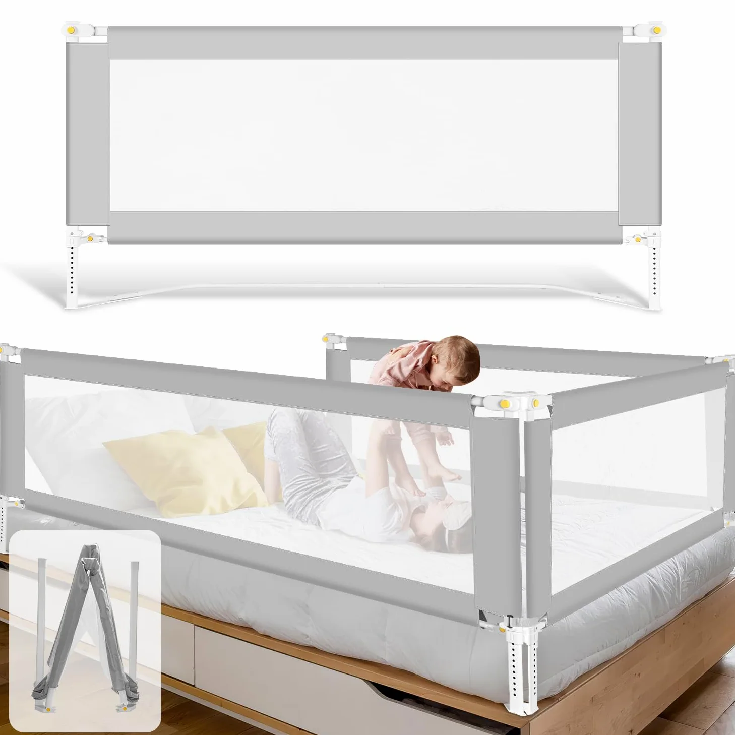 Griglia per letto 200 cm x 2 + 150 cm x 1, pieghevole con base a forma di U, griglia di protezione per lettino, altezza regolabile 68-95 cm, per bambini e letti dei genitori, grigio