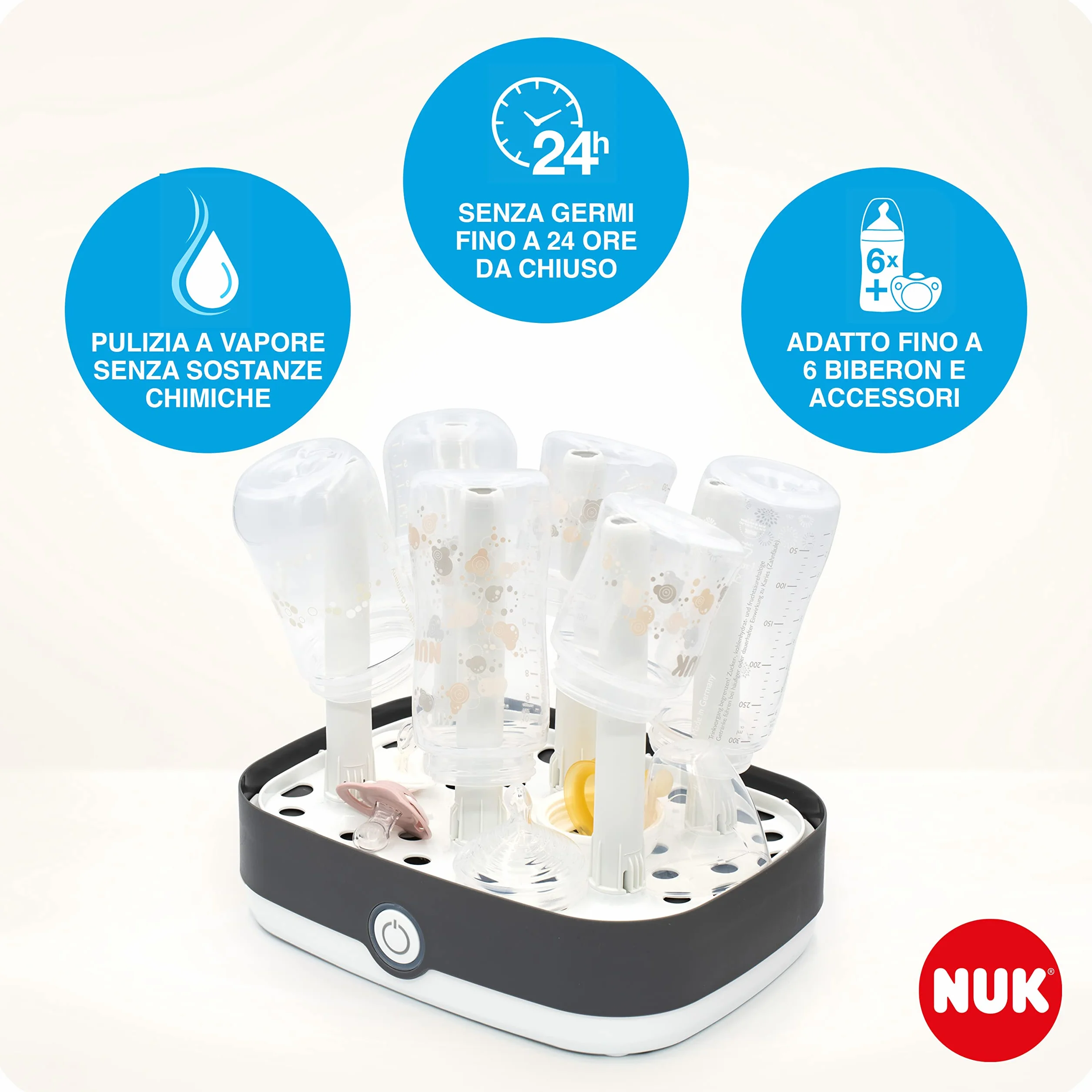 NUK First Choice+ Set completo di alimentazione | Sterilizzatore Vario Express, 4x biberons, 1x tettarella extra, scaldabiberonr e altro ancora | cuore (neutro) | 9 flaconi