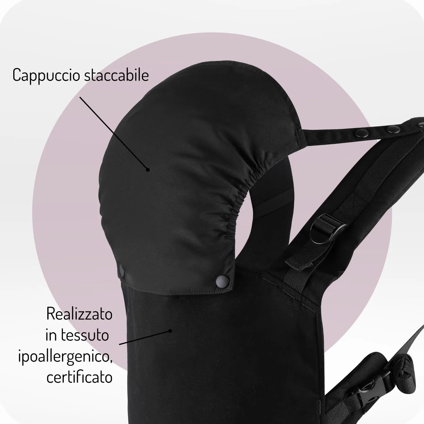 Marsupio MoMi COLLET per bambini di 3-48 mesi (peso 4-20 kg), 2 posizioni di sostegno con 6 punti di regolazione, con cappuccio e poggiatesta per il bambino