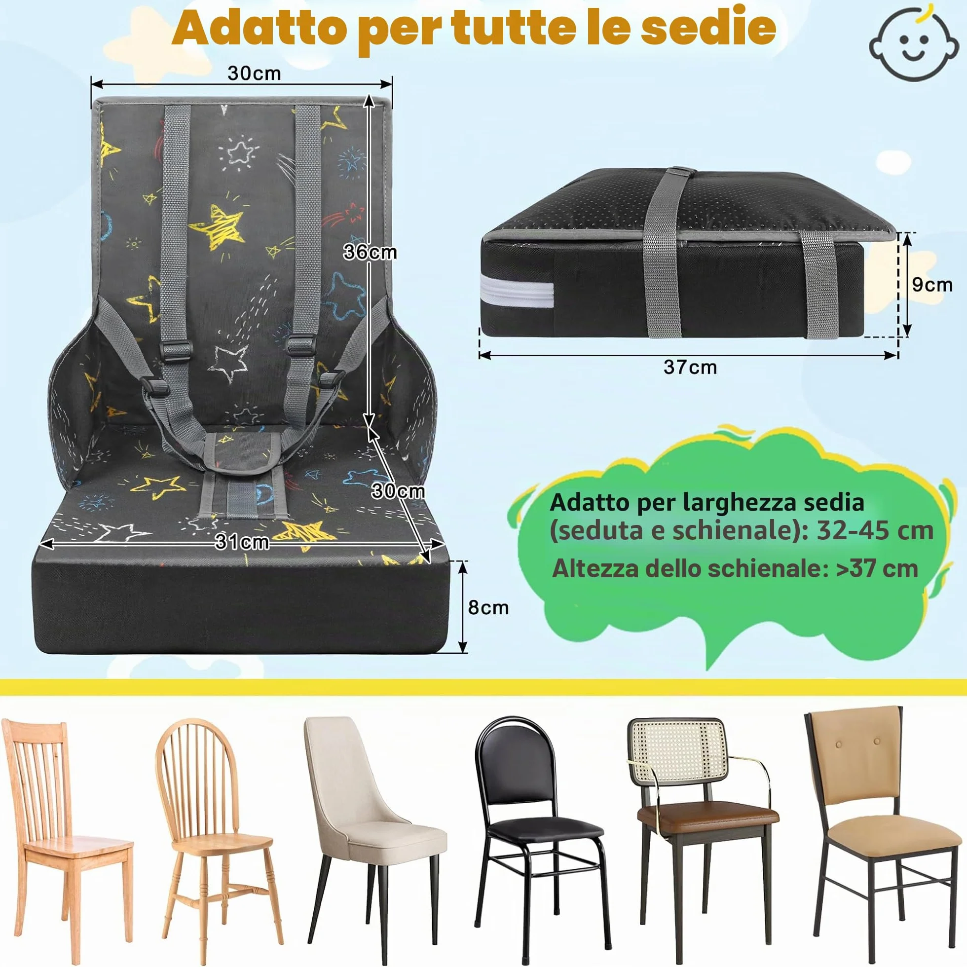 Froadp Seduta rialzata per bambini in tessuto Oxford impermeabile con schienale e cintura di sicurezza grigio
