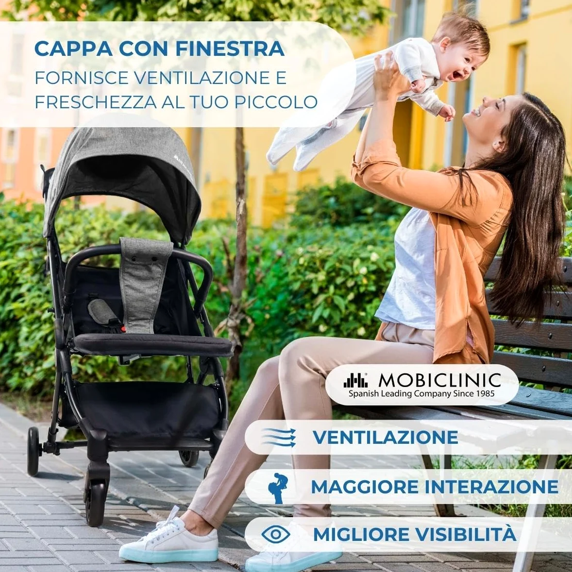 Mobiclinic®, Passeggino Leggero, Ultra Compatto, Imbracatura a 5 Punti, Manubrio Monomaniglia, Carrello Pieghevole, Cestino, 0-36 Mesi, Regolabile, Cappottina Pieghevole, Freni con Blocco, Trip