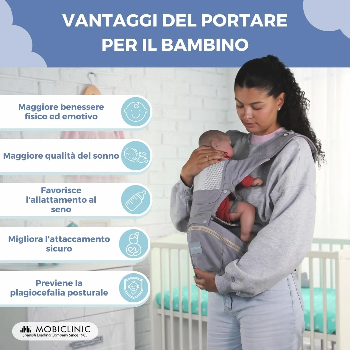 Mobiclinic® kids, Marsupio neonato, 6 in 1, Moley, Ergonomico, Multiposizione, 0-36 mesi, Pieghevole, Tasca con cerniera, Portabiberon, Cotone premium morbido, Per neonati e bambini (grigio)