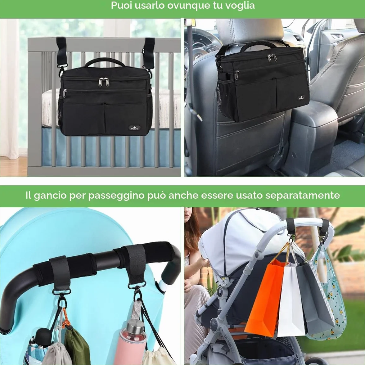 PHILORN Borsa per Passeggino con Portabevande Isolato, Tracolla, Grande Capacità, Universale, Nero