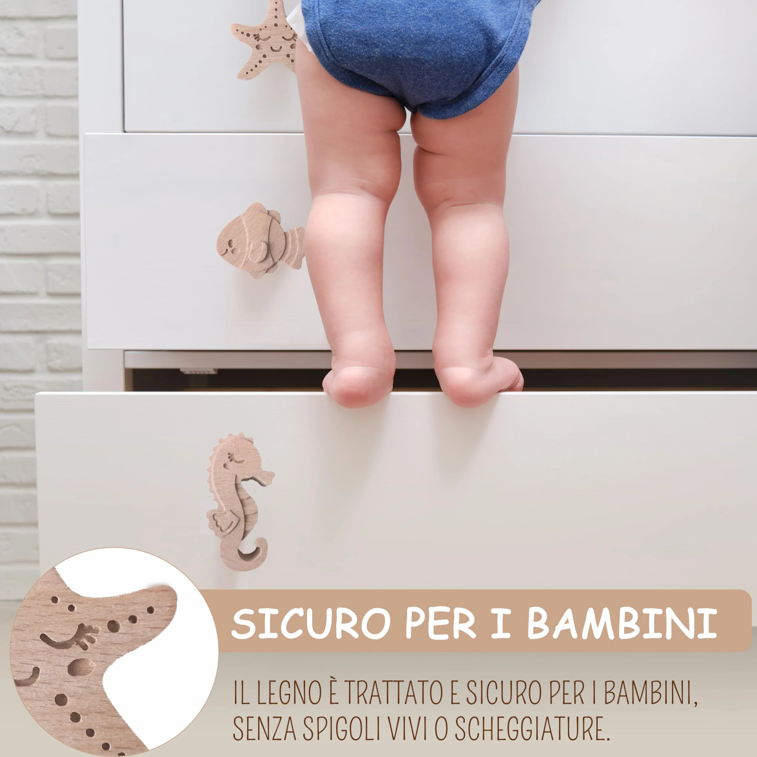 Pomelli per camerette Coffelli (animali marini, confezione da 6) pomelli in legno per cassettiere o guardaroba per bambini, in legno di faggio