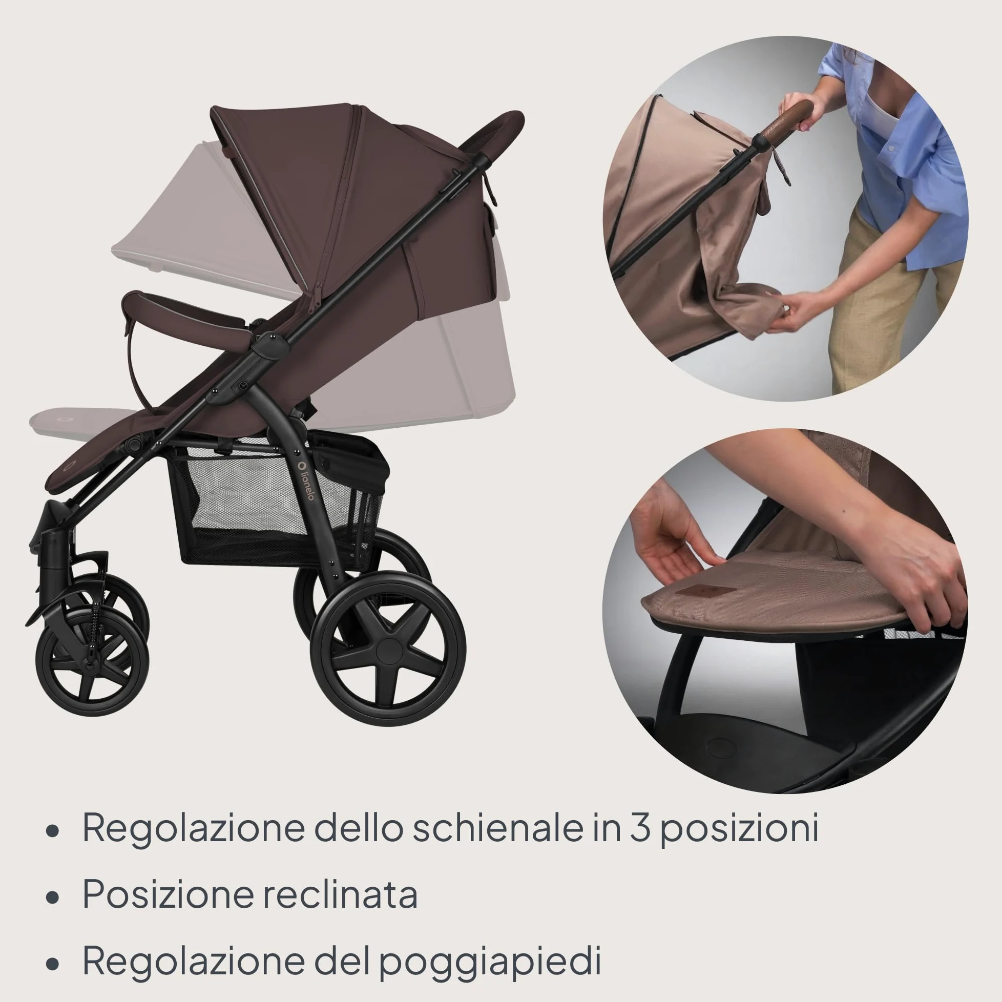 LIONELO Annet passeggino leggero pieghevole grigio regorabile con posizione sdraiata con ruote EVA cappottina XXL con zanzariera coprigambe portabibite fino 22 kg