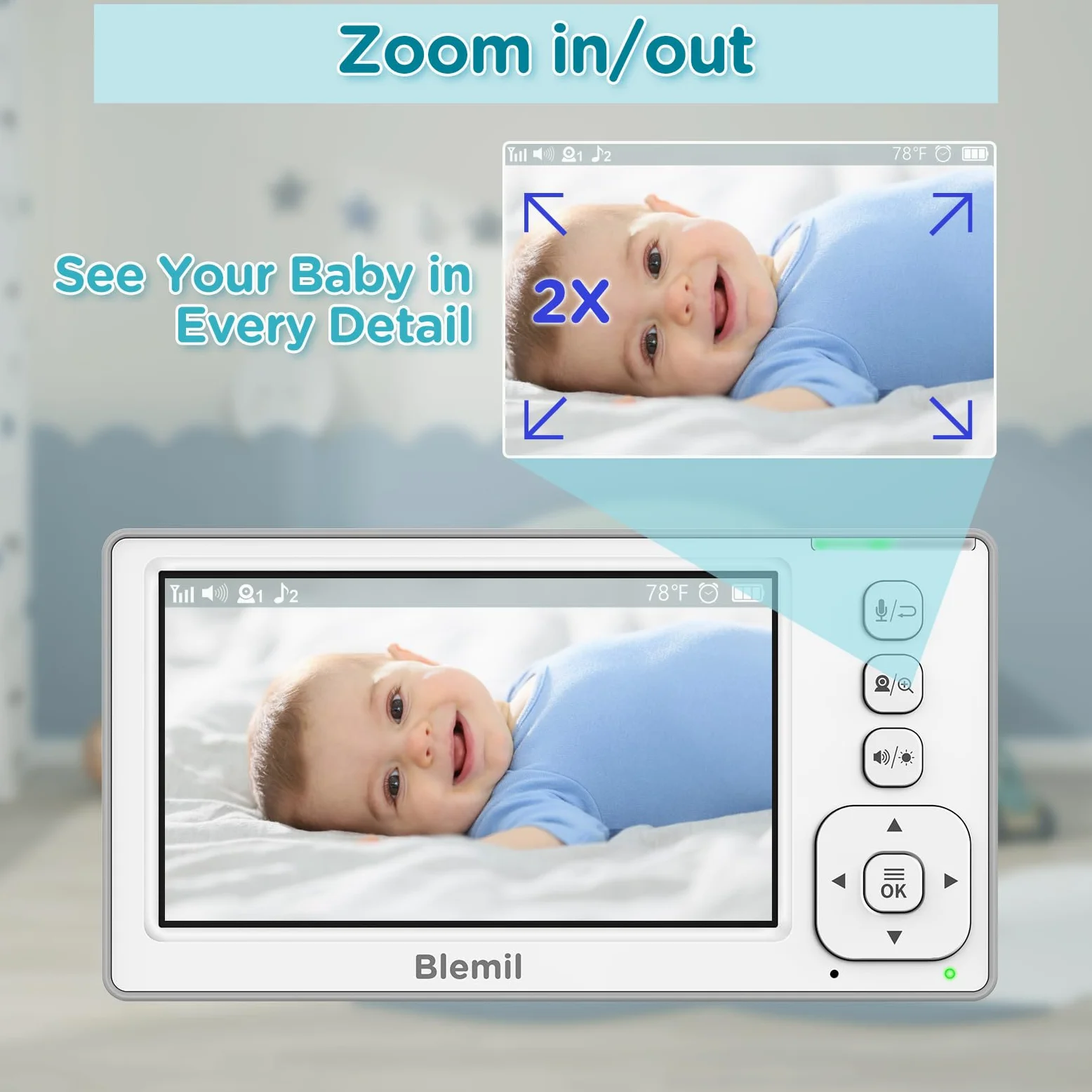 Blemil Aggiornamento Baby Monitor con batteria da 29 ore, 4,3'' IPS Split-screen Video Baby Monitor con due telecamere e audio, Pan/Tilt/Zoom remoto, conversazione bidirezionale, temperatura ambiente