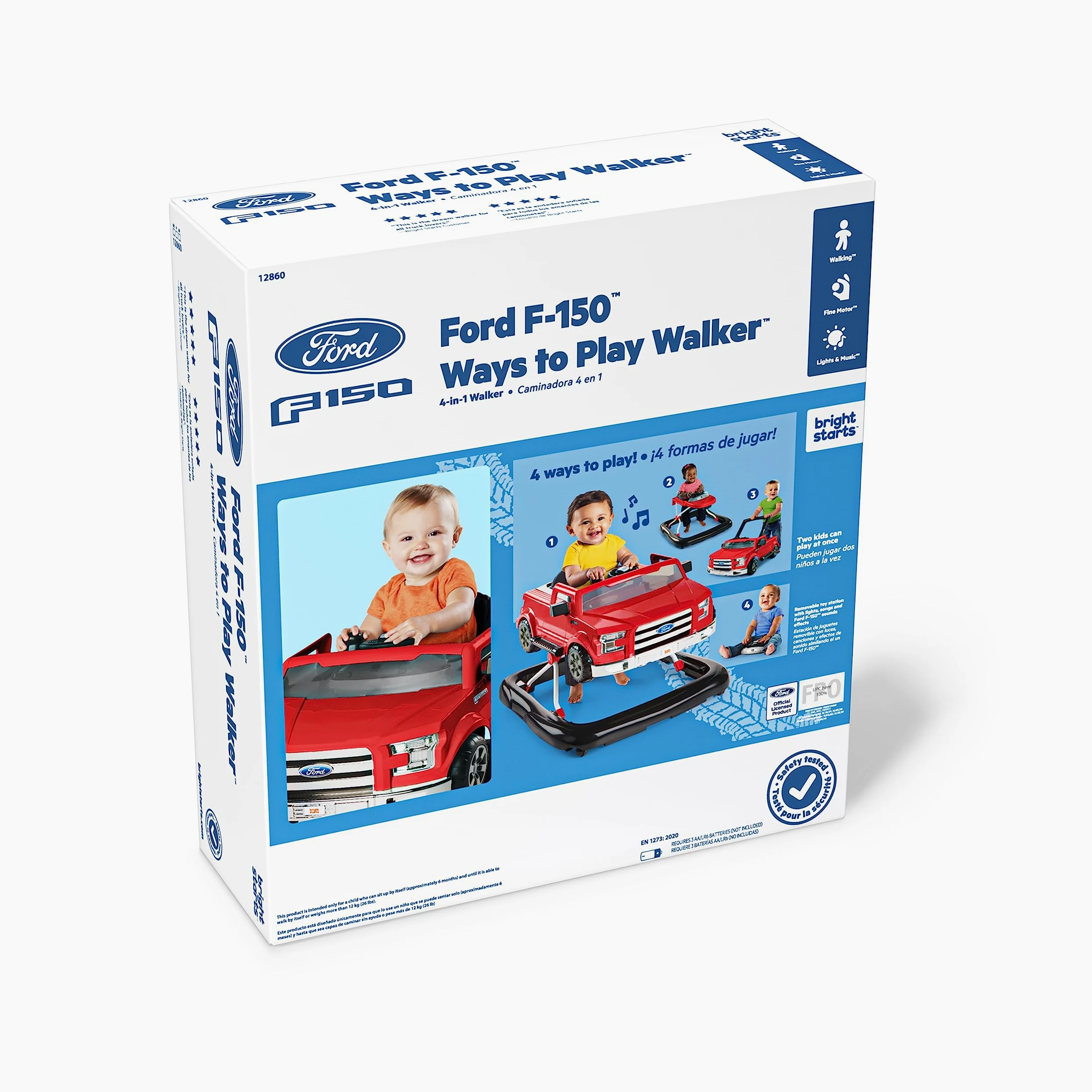 Bright Starts, Ford F-150 4 in 1 rosso, centro attività e girello per bambini con volante rimovibile, neonato, unisex, dai 6 mesi in su
