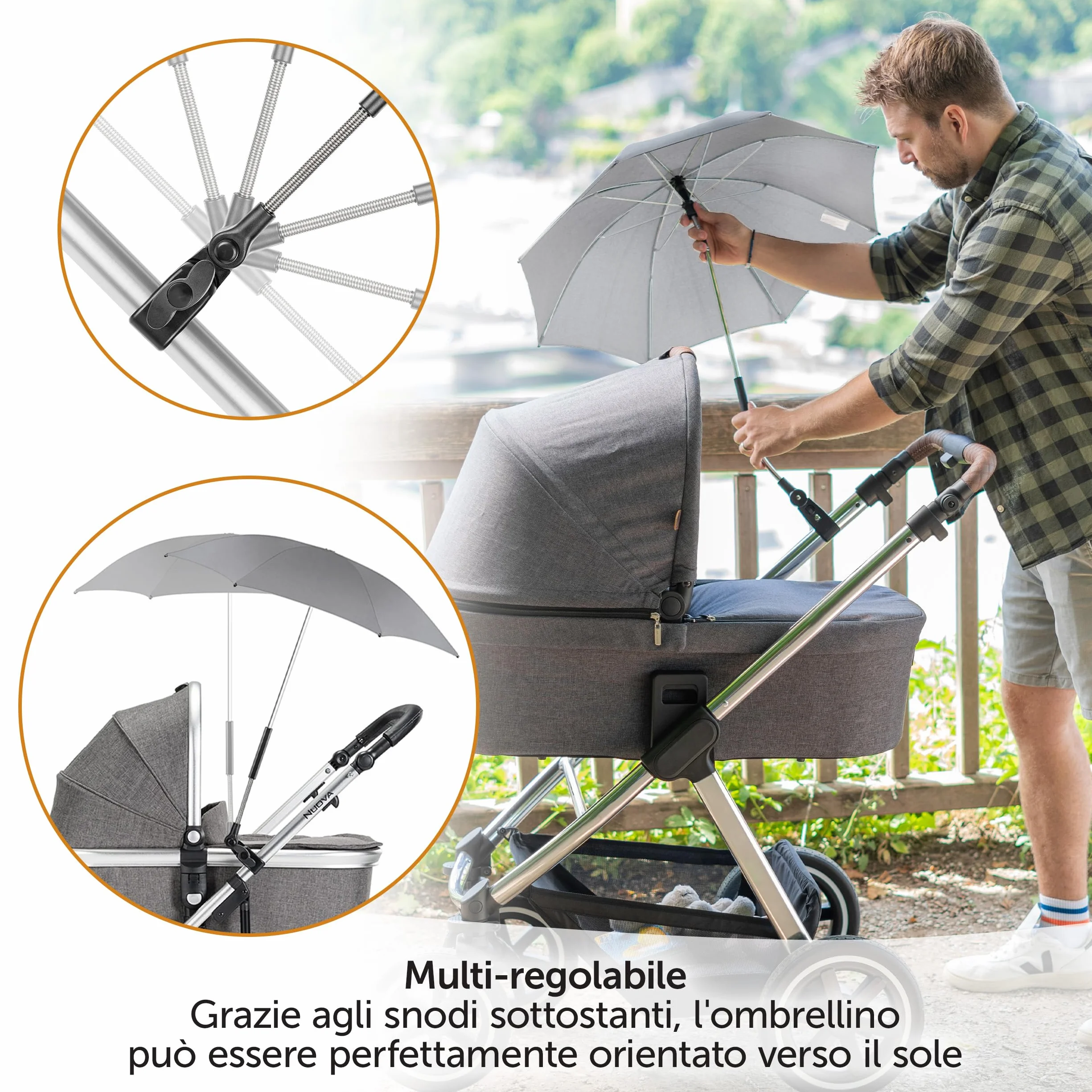 Zamboo Ombrellino Passeggino Universale Anti UV 50+ 73cm Flessibile Telaio Rotondo Ovale