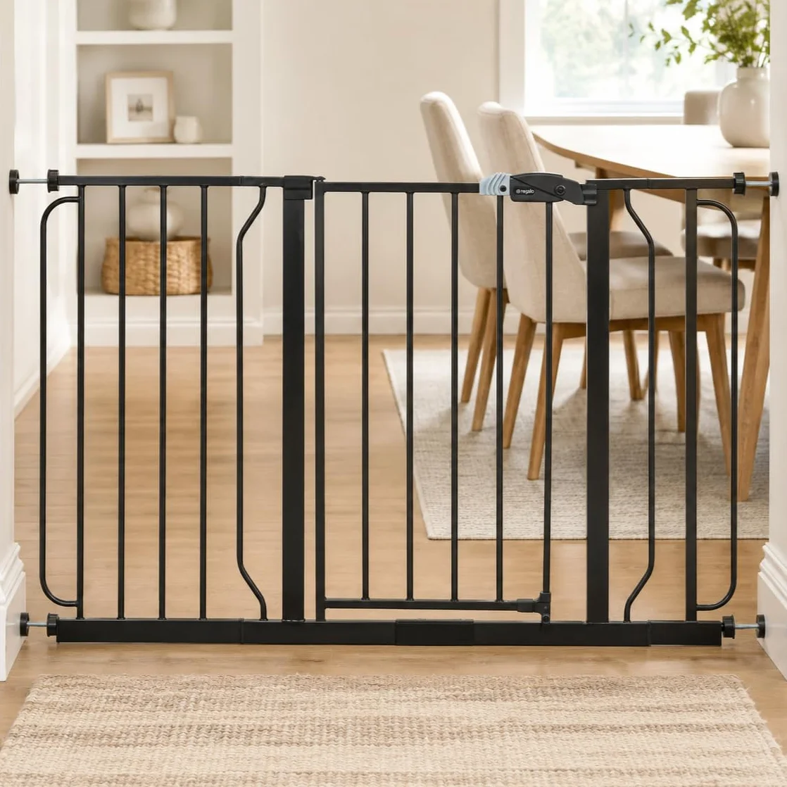 Regalo Safety Extra Wide Baby Gate for Doorways & Stairs, Fits Openings 73.6-122cm, Pressure Mounted, Black