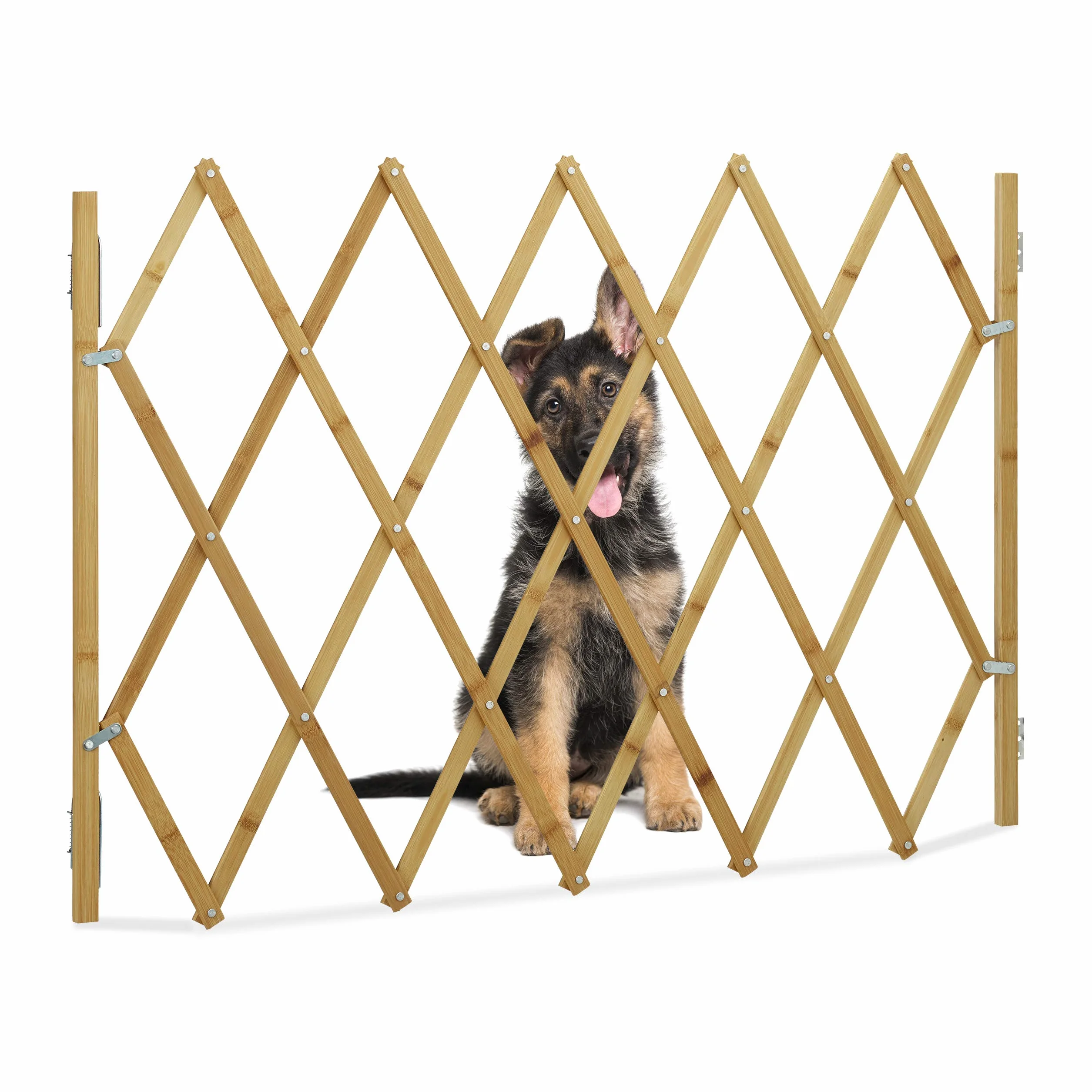 Relaxdays Barriera per cani, cancelletto di sicurezza per porte e scale, griglia a forbice estensibile fino a 116,5 cm, altezza 82,5 cm, naturale, L