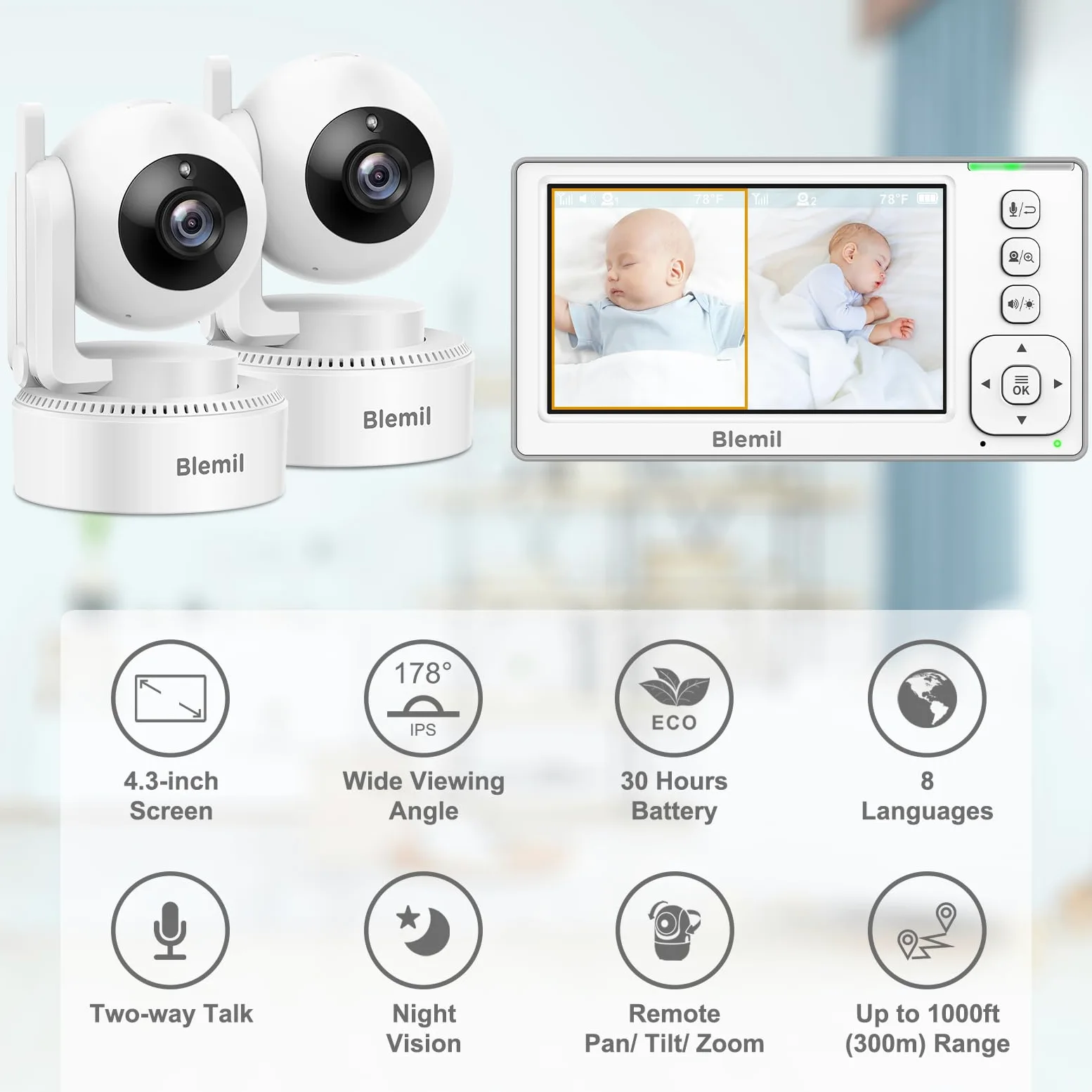 Blemil Aggiornamento Baby Monitor con batteria da 29 ore, 4,3'' IPS Split-screen Video Baby Monitor con due telecamere e audio, Pan/Tilt/Zoom remoto, conversazione bidirezionale, temperatura ambiente
