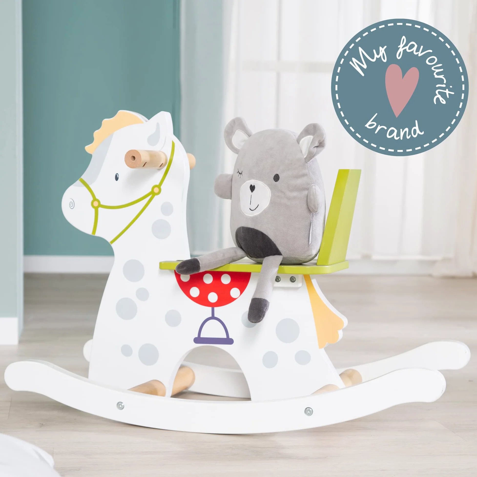 roba Cavallo a Dondolo Kleiner Racker - Anello di Protezione Rimovibile - per Bambini da 12 Mesi in Su - Ideale come Regalo di Compleanno e Natale - Legno Laccato Bianco