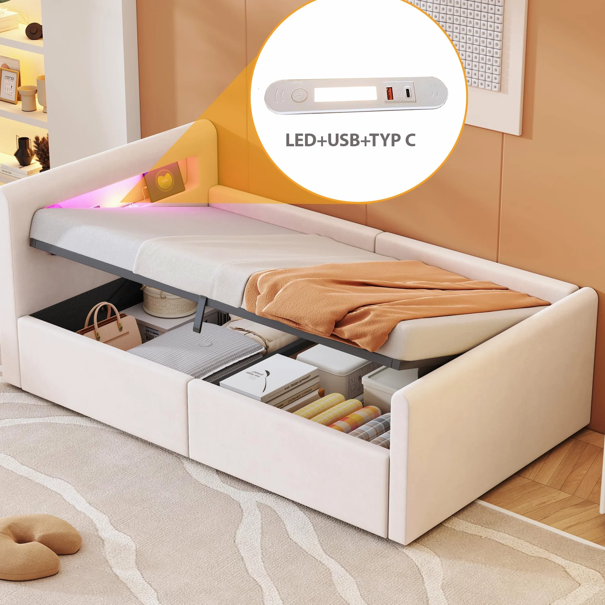 Lubvtti Letto singolo imbottito 90×200cm, Letto contenitore con luce LED e porta USB, Con vano portaoggetti, Letto per bambini con vano contenitore idraulico, Velluto, Beige (materasso non incluso)