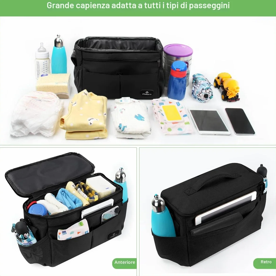 PHILORN Borsa per Passeggino con Portabevande Isolato, Tracolla, Grande Capacità, Universale, Nero