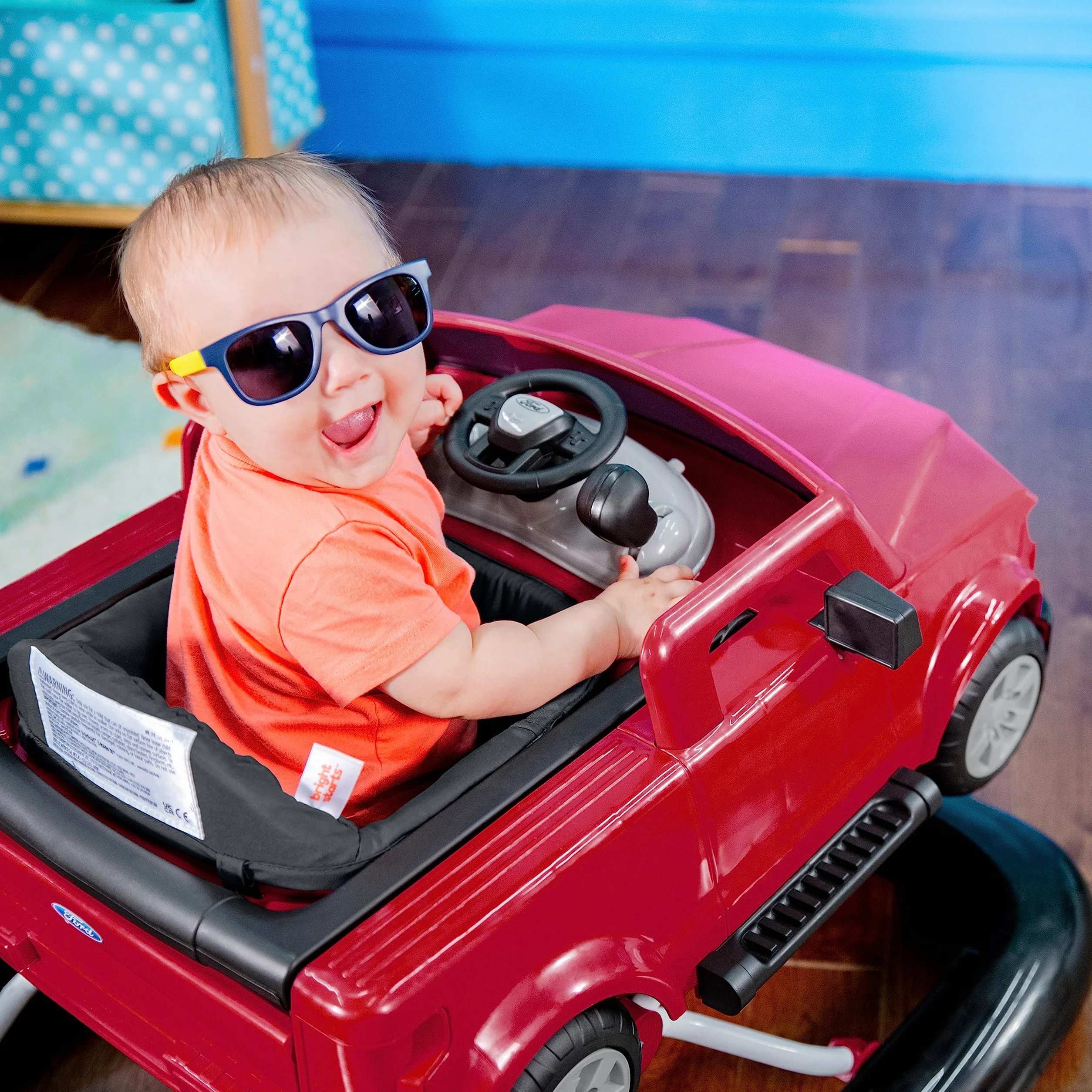 Bright Starts, Ford F-150 4 in 1 rosso, centro attività e girello per bambini con volante rimovibile, neonato, unisex, dai 6 mesi in su