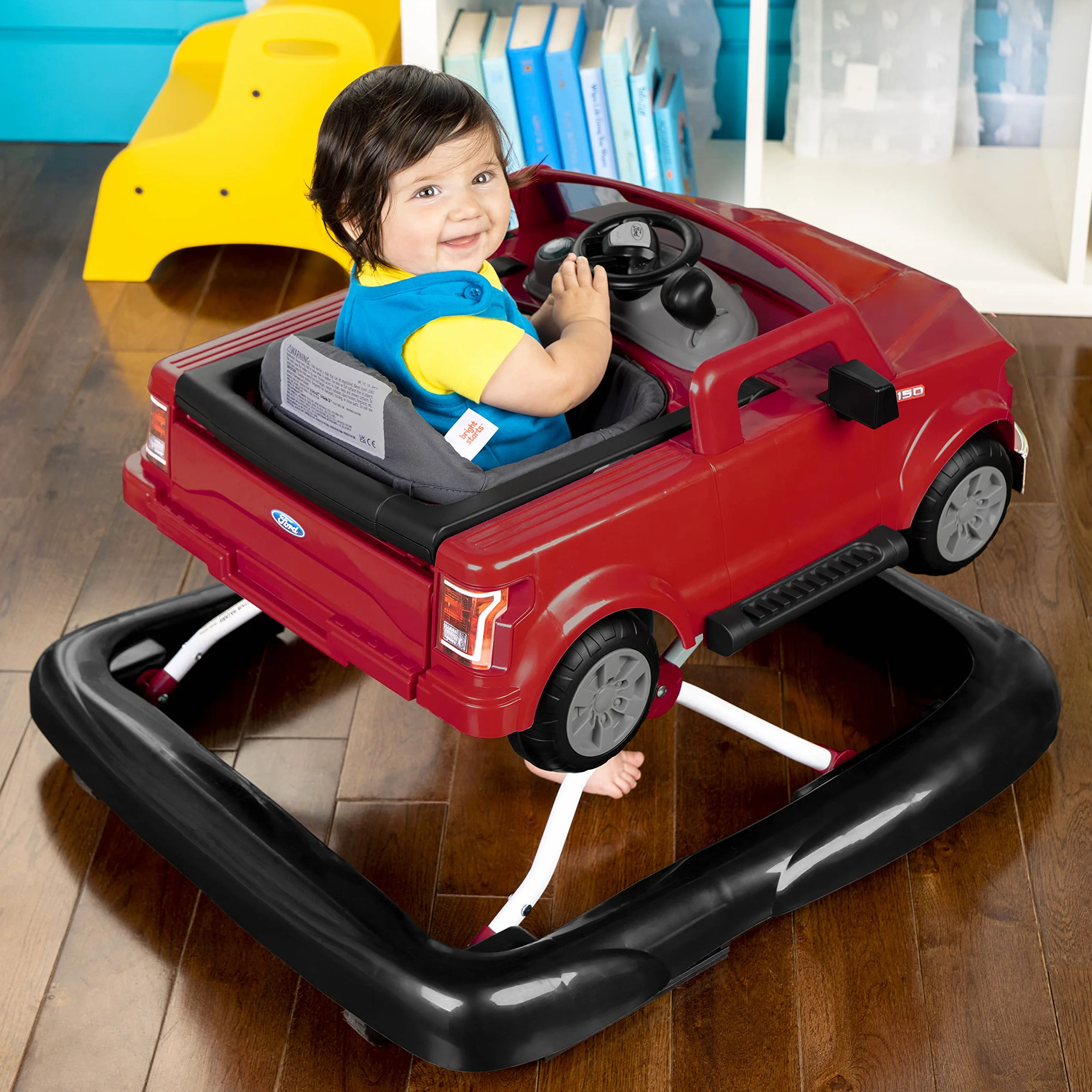 Bright Starts, Ford F-150 4 in 1 rosso, centro attività e girello per bambini con volante rimovibile, neonato, unisex, dai 6 mesi in su