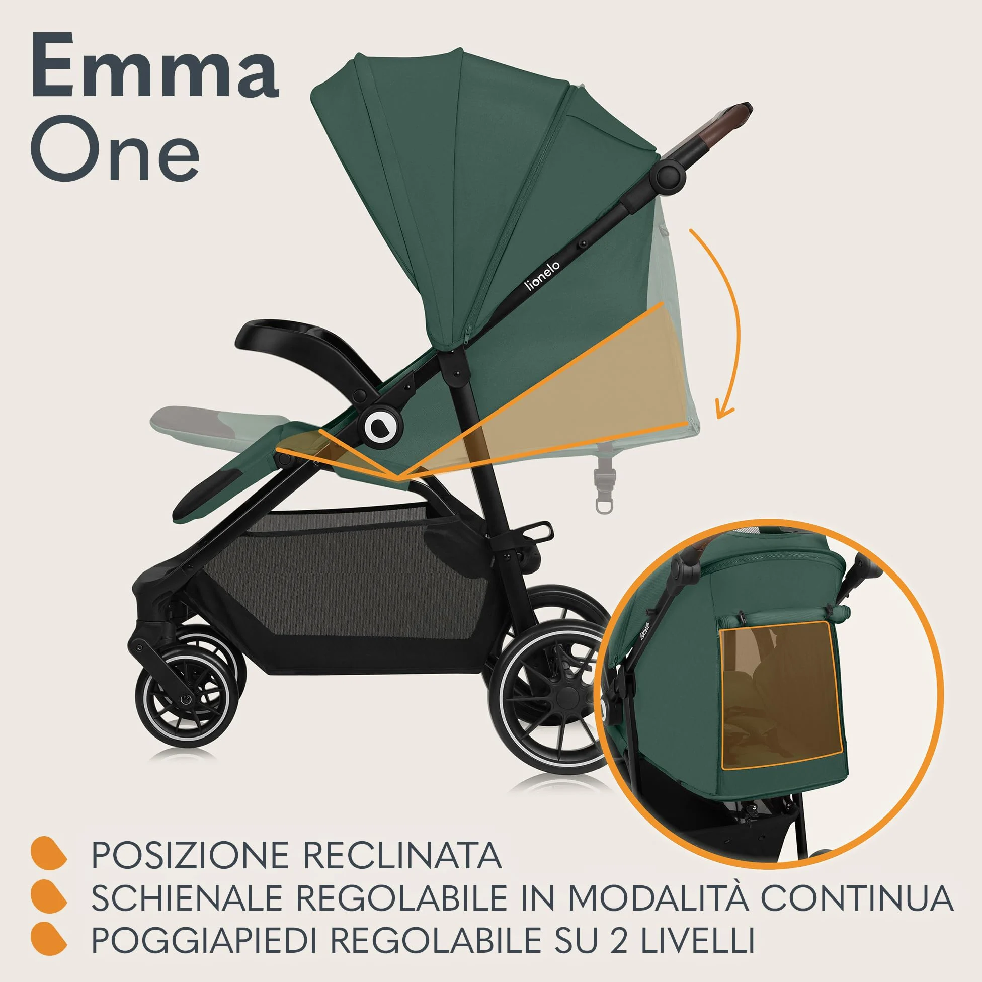 LIONELO EMMA ONE Passeggino laggero per Bambini fino a 22 kg, Compatti con Posizione nanna, Ruote Piroettanti 360° e Assorbimento, Pieghevole Veloce, Schienale e Poggiapiedi Regolabili Tettuccio XXL