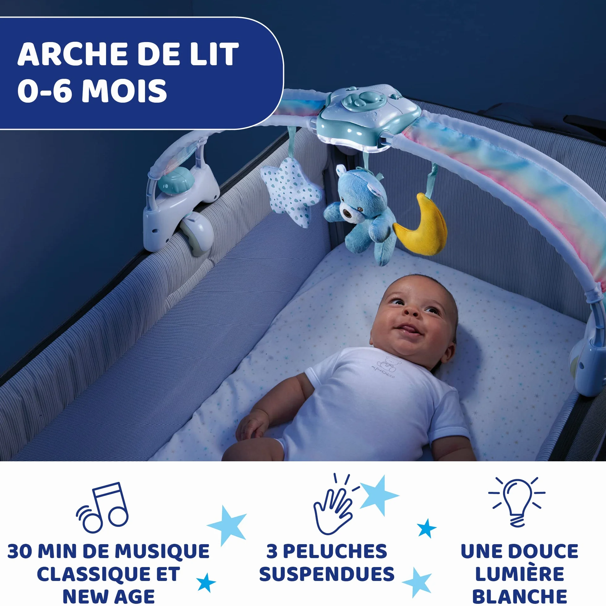 Chicco Arco Lettino Neonato 2in1 Evolutivo Compatibile Next2Me, Pannello Culla con Arco Arcobaleno e Luce Notturna, Musica Rilassante - Giochi Neonati 0+ Mesi