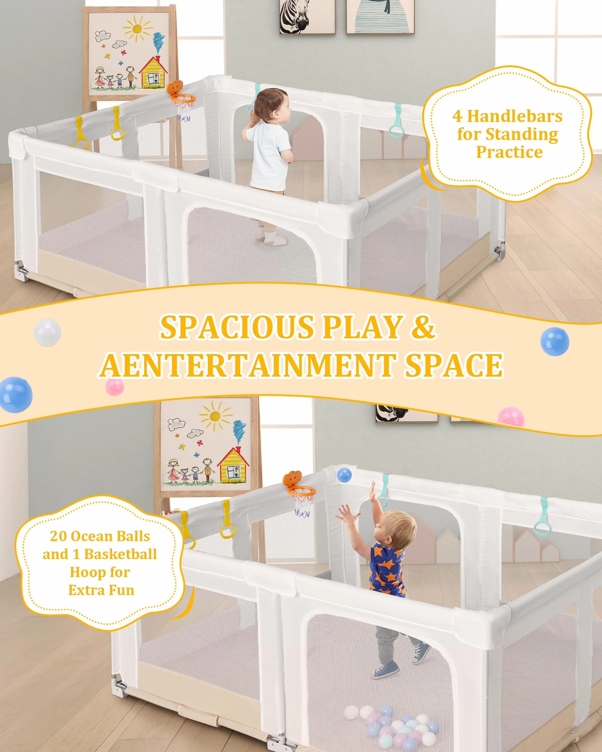 Box per Bambini Grande e Pieghevole: 180x150x75cm Box per Bambino da Interno ed Esterno Con 20 Palline Oceaniche,1 Canestro da Basket,4 Maniglie e 1 Borsa da Viaggio - Area Giochi Ideale per i Bambini