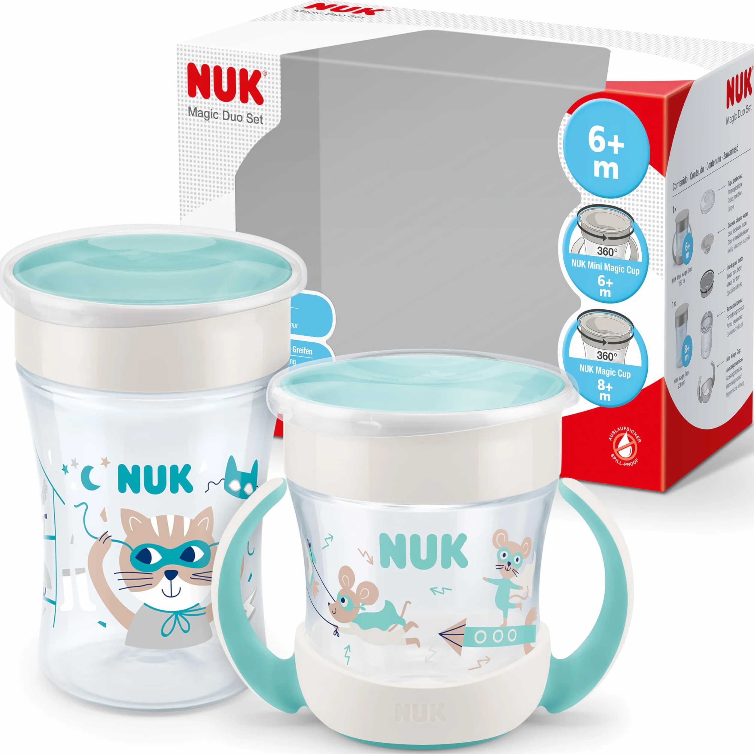 NUK Magic Cup e Mini Magic Bicchiere Antigoccia Duo Set | Bordo anti-rovesciamento a 360° | 6+ mesi | Senza BPA | 230 ml & 160 ml | Turchese