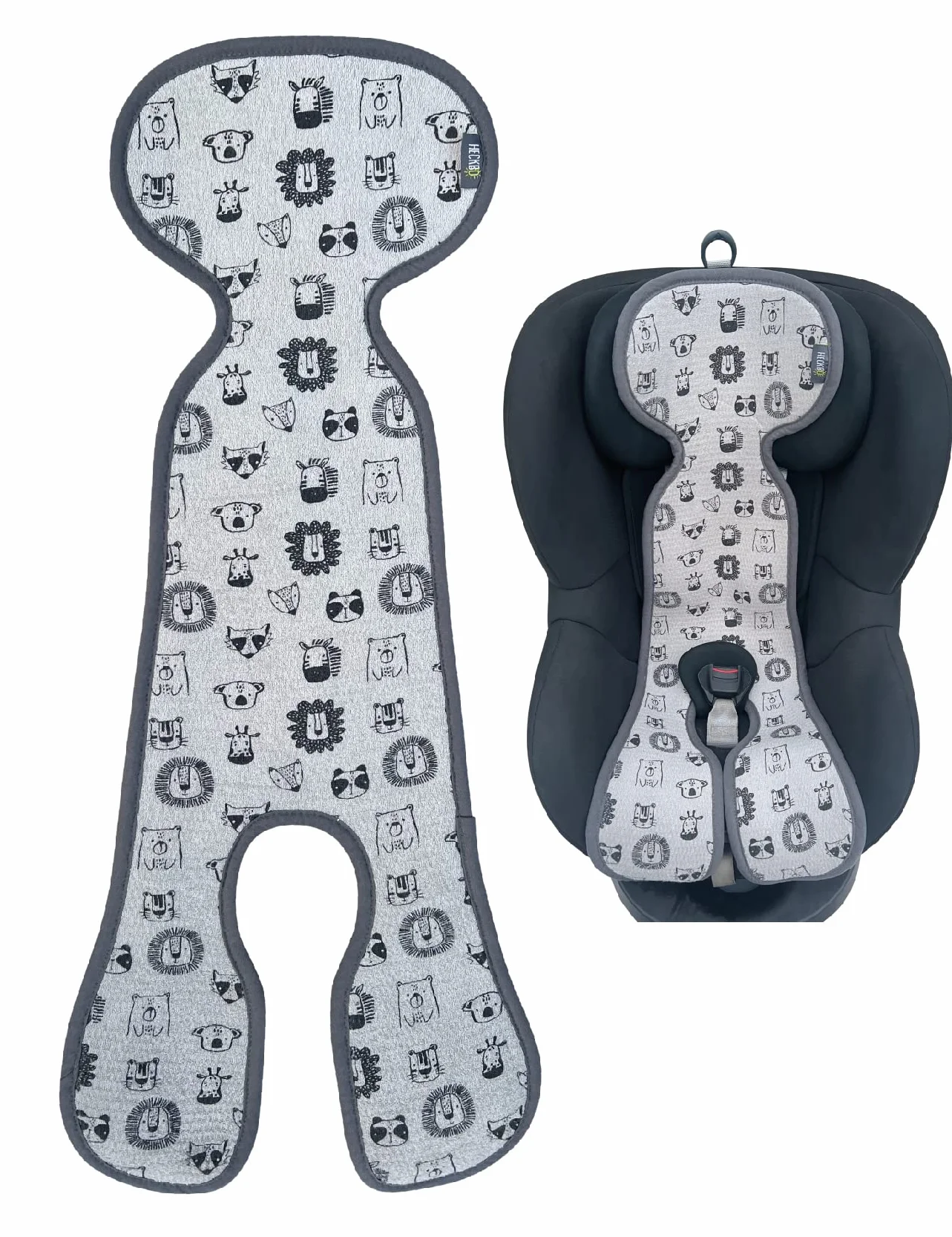 HECKBO Cuscino Estivo Antisudore per Bambini Gruppo 1 Seggiolino Auto Cintura 3 e 5 Punti Grigio Animaletti