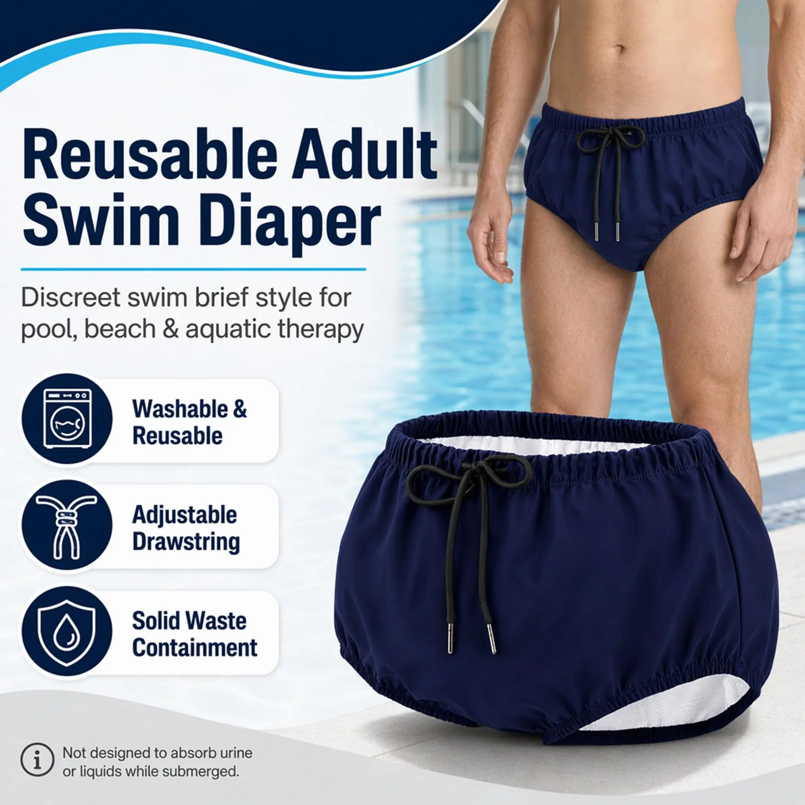 Pannolini da nuoto riutilizzabili per adulti AQX, lavabili, a prova di perdite incontinenza, unisex (S, blu)