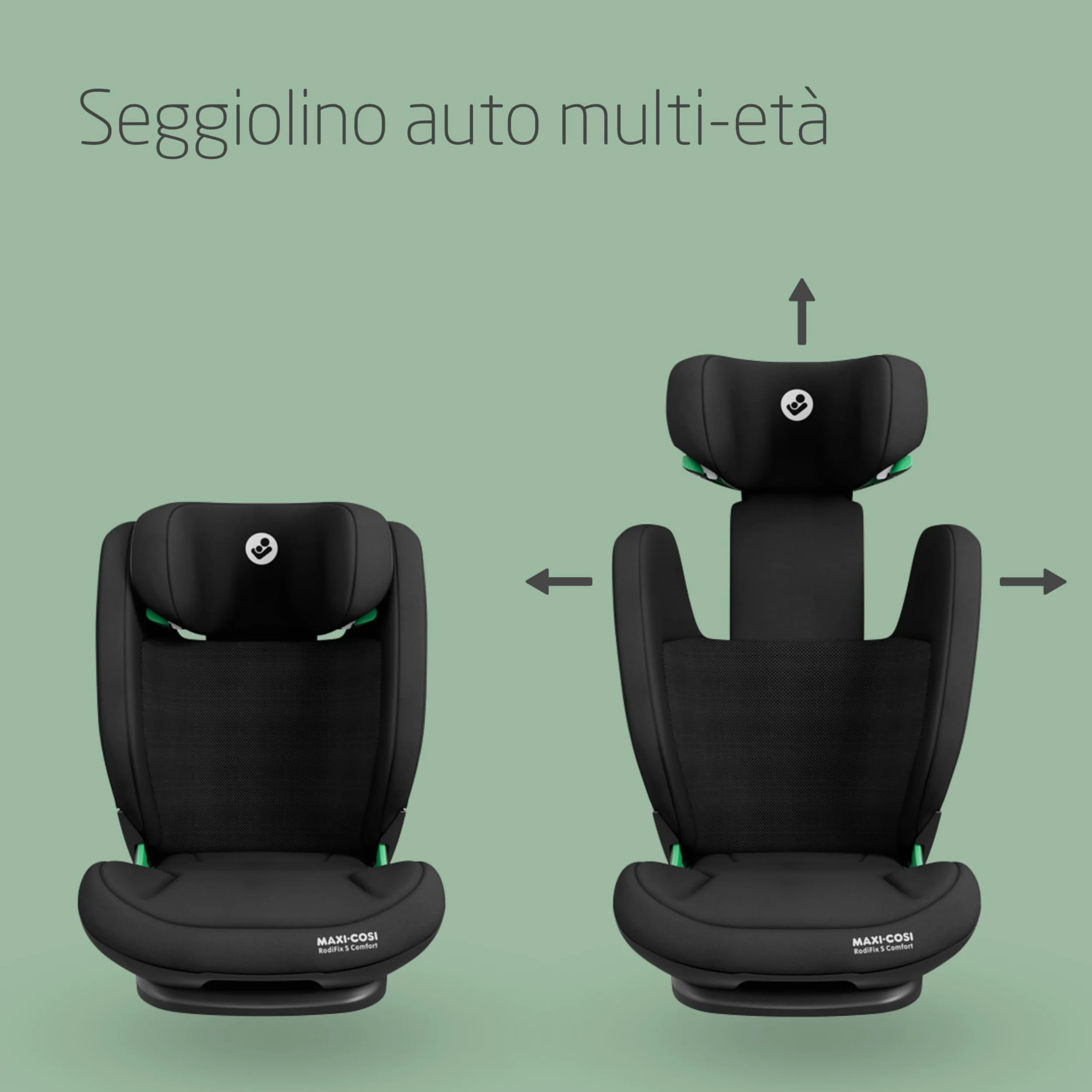 Maxi-Cosi RodiFix S Comfort i-Size, Tessuti Traspiranti, Seggiolino Auto ISOFIX Reclinabile 3 Posizioni, 3,5-12 Anni (100-150 cm), Regolabile in Altezza/Larghezza, G-CELL, AirProtect, Authentic Black
