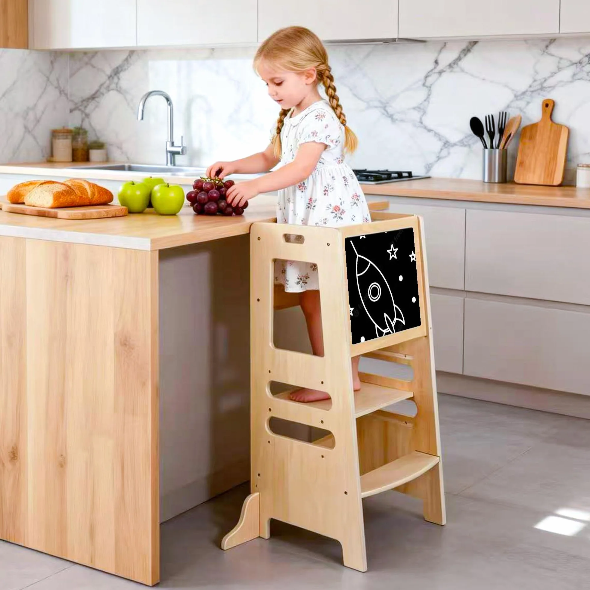 Torre Montessoriana in Legno per Bambini, Sgabello Aiutante da Cucina Regolabile per Età 1–5 Anni, Learning Tower con Barra di Sicurezza per Cucina e Bagno