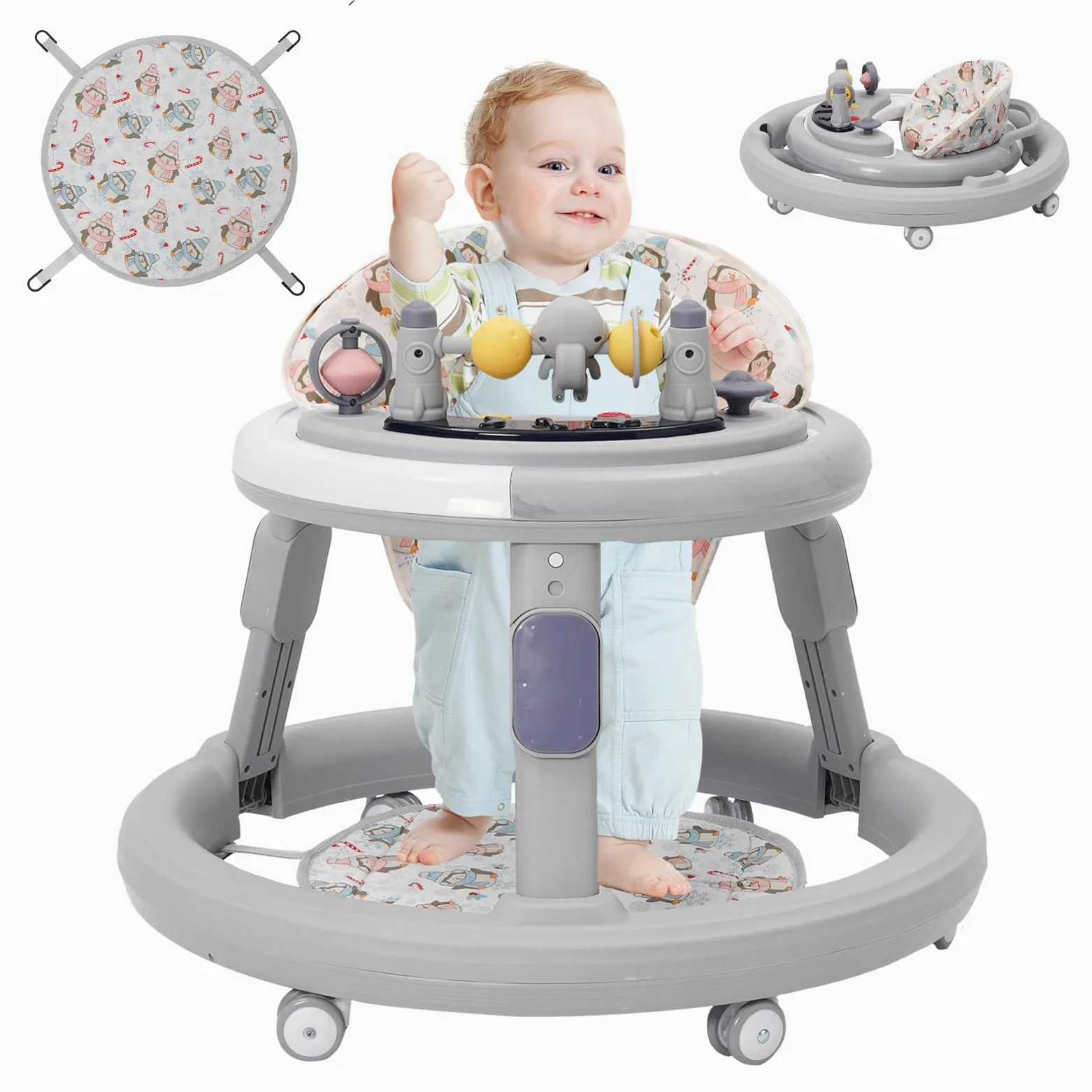 Girello per Bambini 3 in 1,Carrellino Primi Passi,Girello Pieghevole con Vassoio/Centro Giochi,Primi Passi per Bambini 6-18 Mesi,Ruote Silenziose a 360°