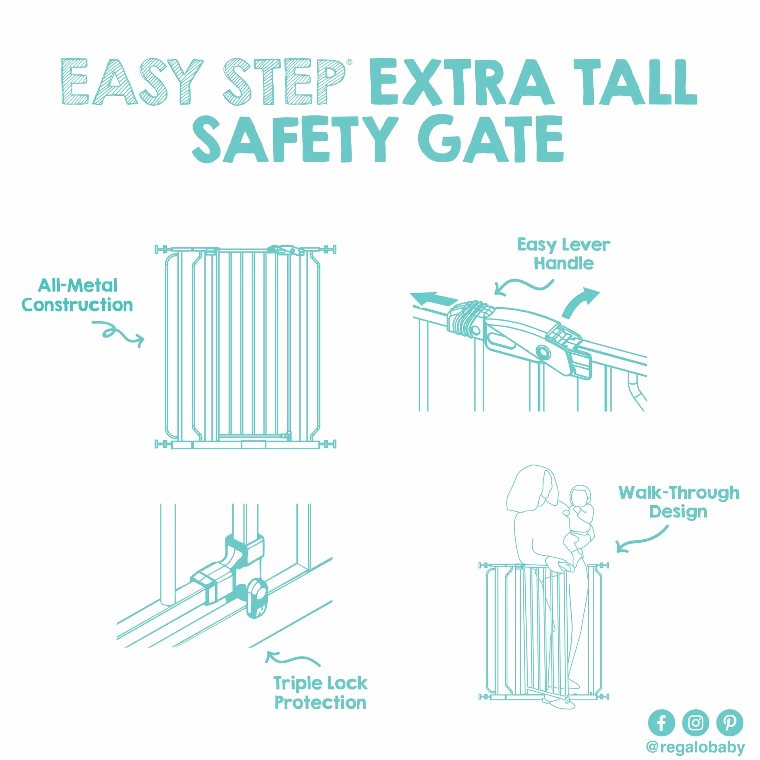 Regalo Safety 91.4cm Extra Tall Baby Gate for Doorways, Fits Openings 73.6-90cm, Pressure Mounted
