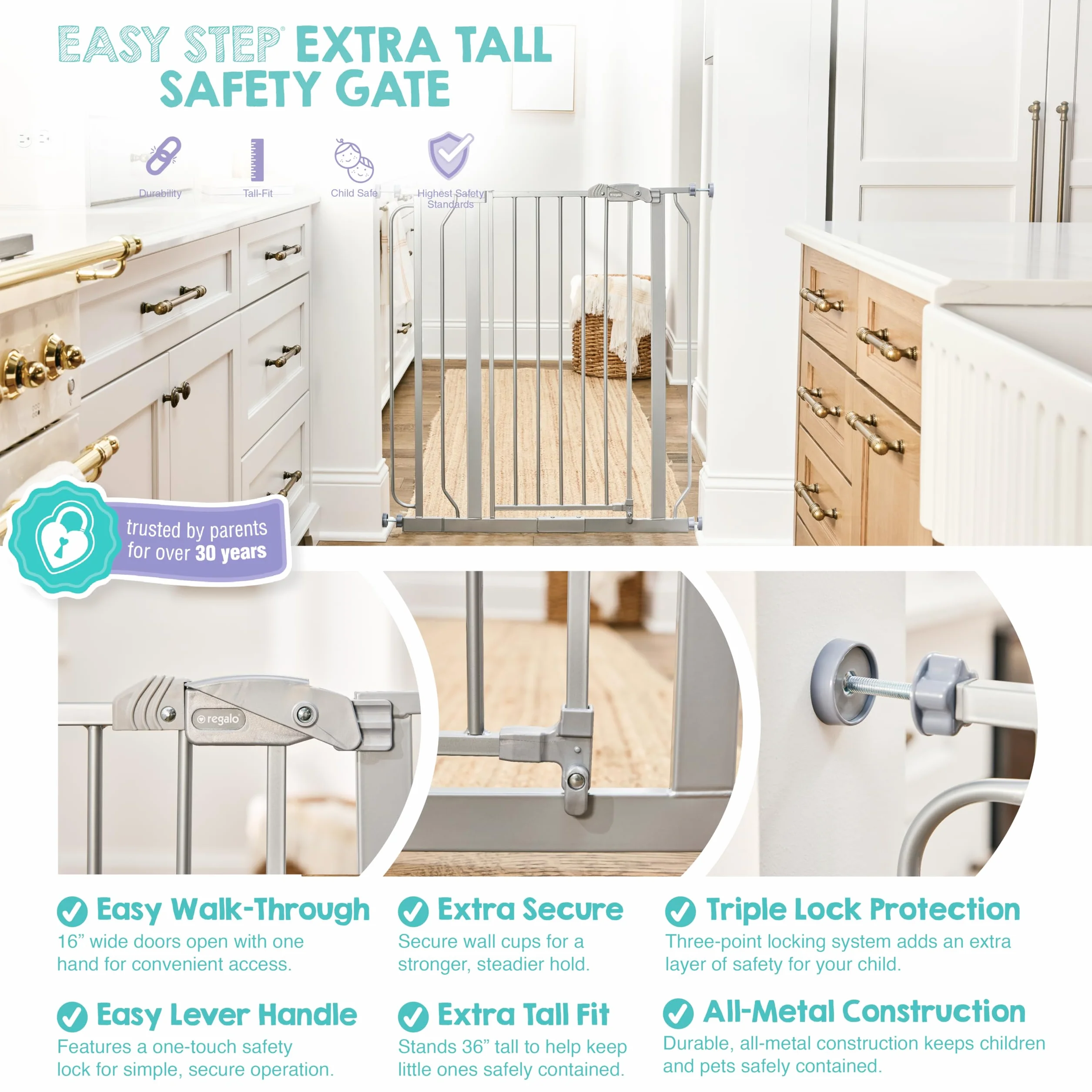 Regalo Safety 91.4cm Extra Tall Baby Gate for Doorways, Fits Openings 73.6-90cm, Pressure Mounted