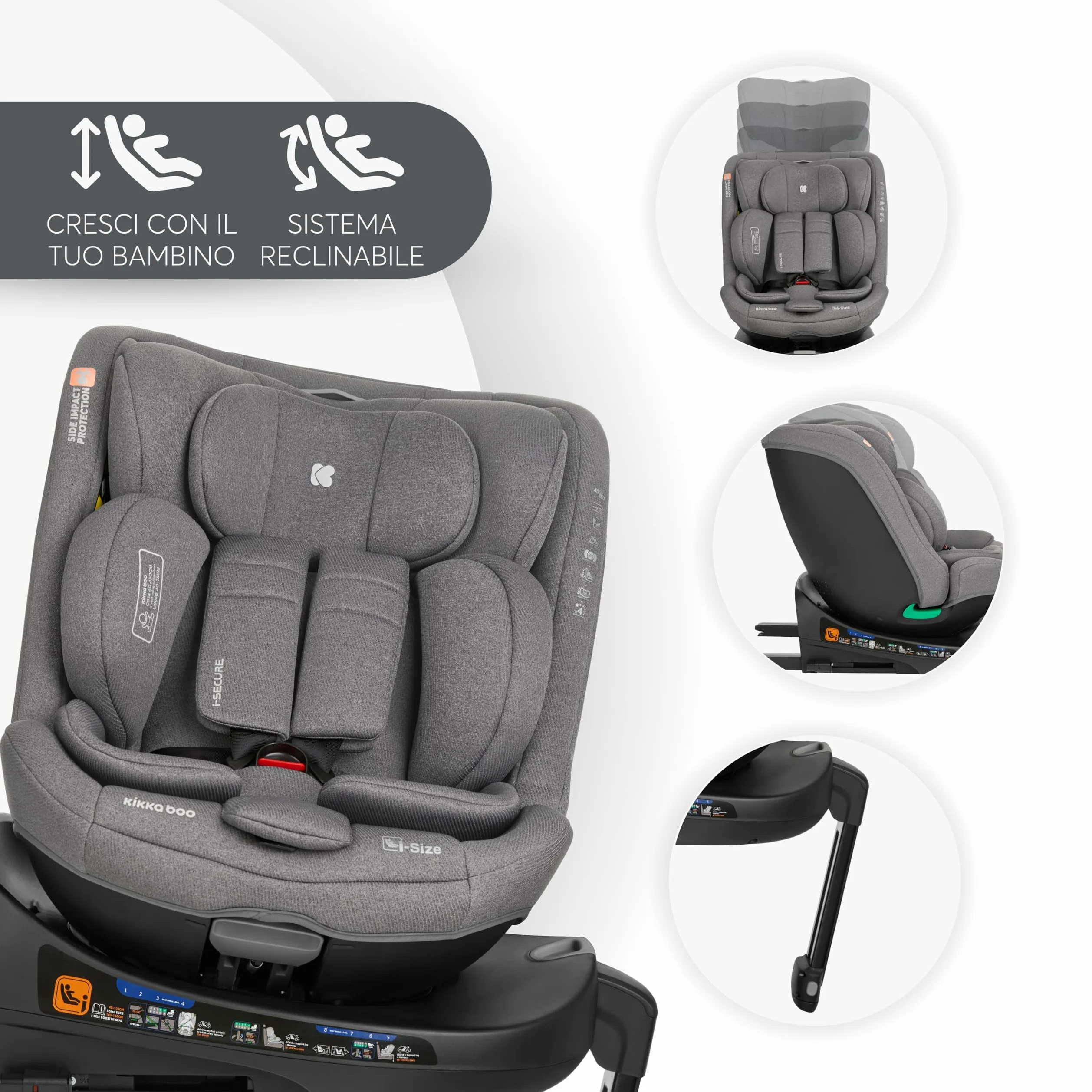 KikkaBoo Seggiolino Auto 0-36 kg i-SECURE, Gruppo 0 1 2 3, ISOFIX, i-Size, Rotante a 360º, 40-150 cm, Da 0 a 12 Anni, 12 Posizioni Poggiatesta, Grigio chiaro