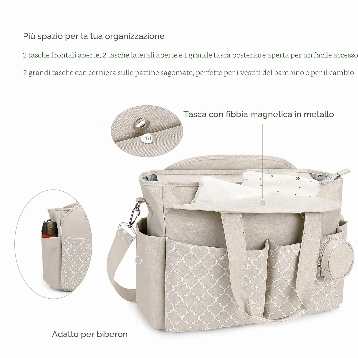 Borsa per pannolini con fasciatoio multifunzione Beige tracolla regolabile