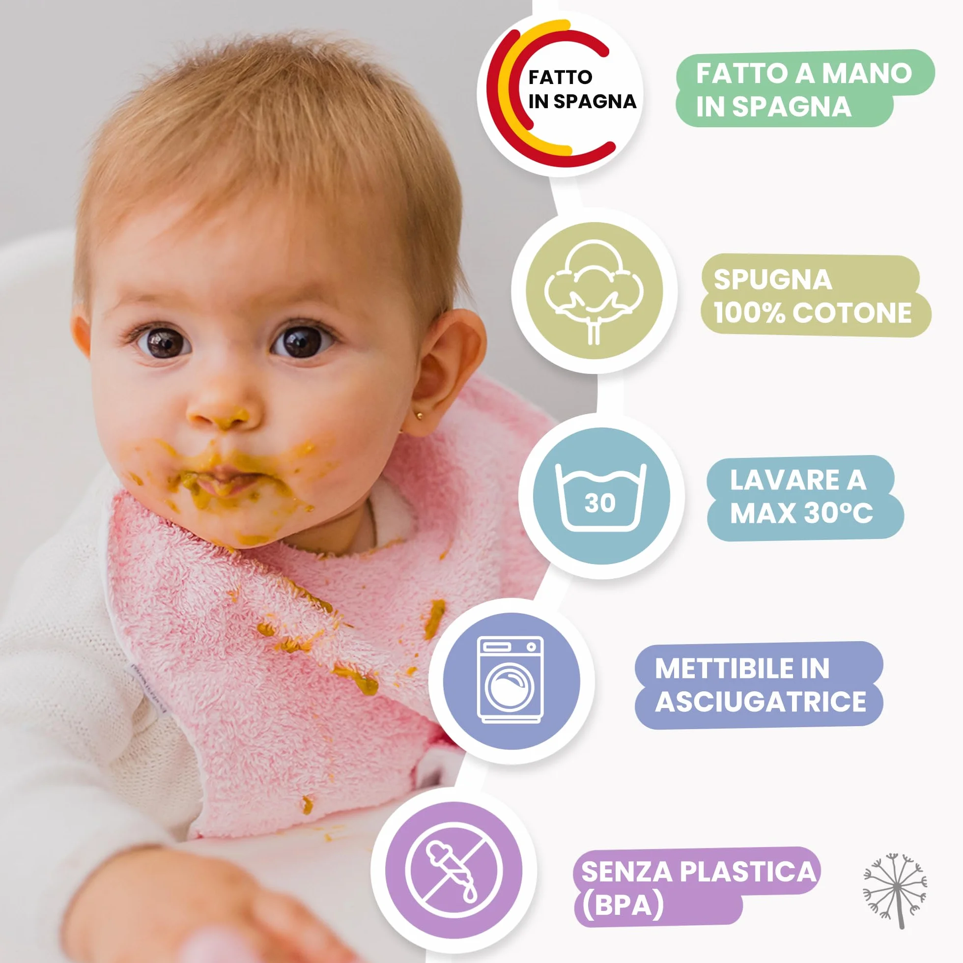 Set di 5 Bavaglini Neonato Impermeabili BLW in Spugna Cotone Premium Oeko-Tex Grandi con Elastico al Collo Realizzati a mano Spagna