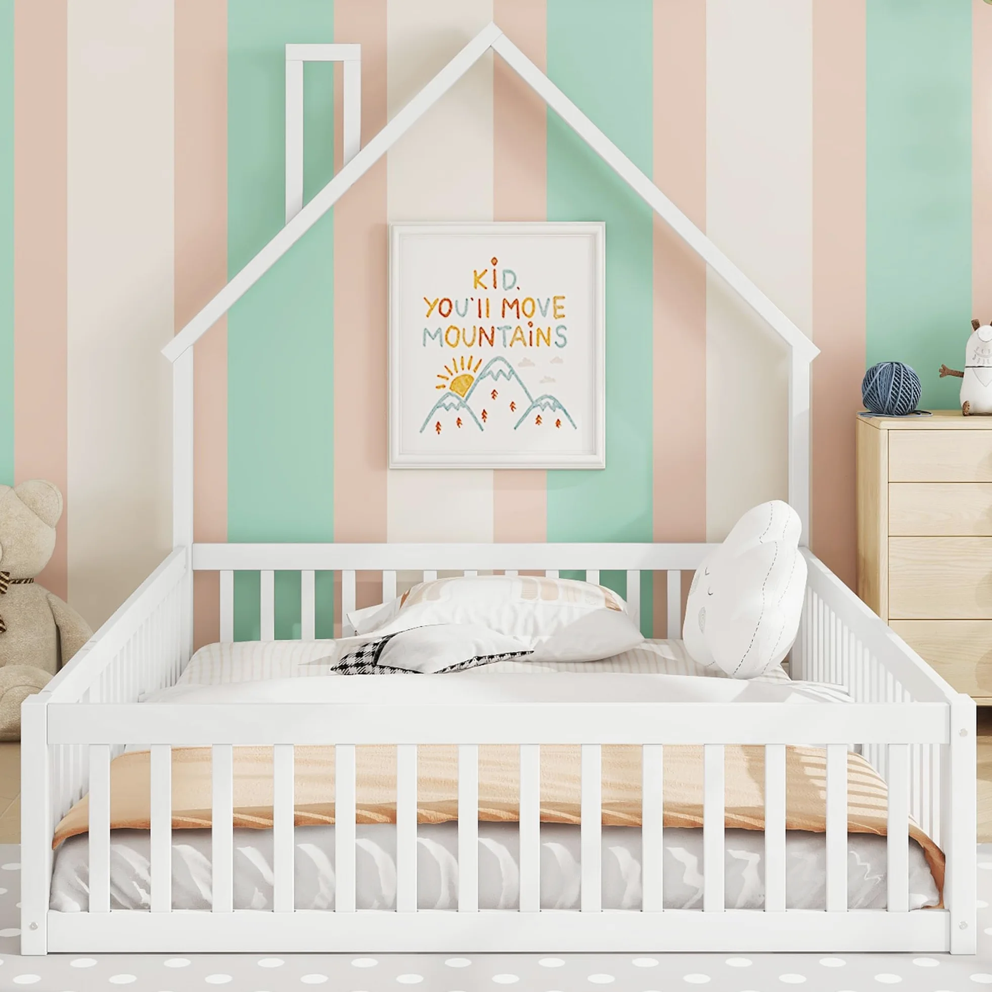 Lettino per bambini 140 x 200 cm, con protezione anti-caduta di sicurezza e porta, letto imbottito con rete a doghe in legno, design a forma di camino, letto in legno, per ragazzi, senza materasso