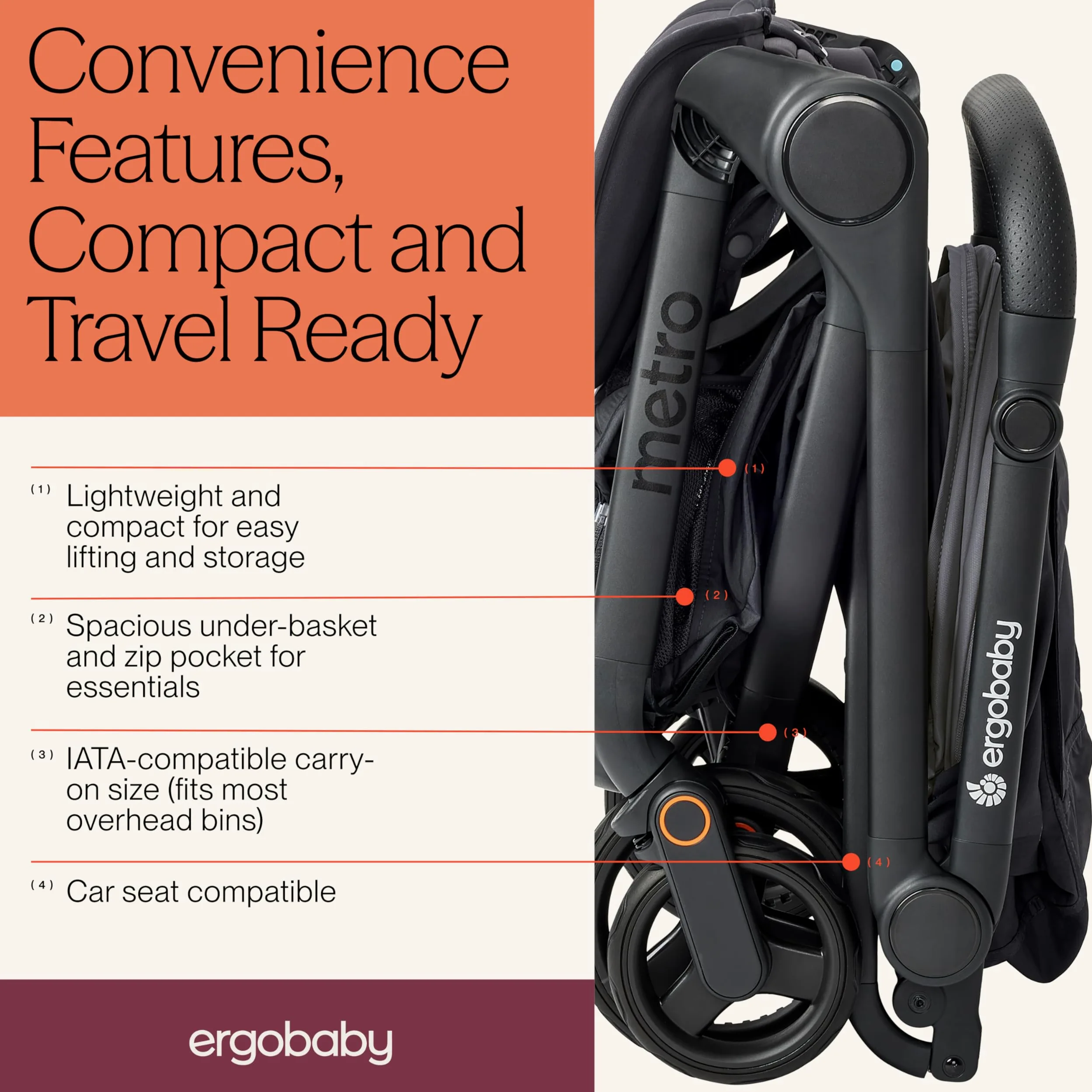 Passeggino Ergobaby Metro3 con funzione reclinabile, passeggino dalla nascita a 22 kg (0-4 anni), pieghevole e compatibile con il seggiolino auto, seduta ergonomica, Graphite Grey